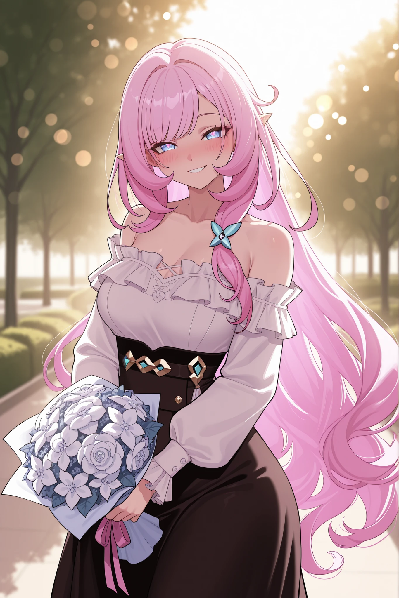 elysia_\(honkai_impact\), Mullon art style, high quality, masterpiece, best quality, 1girl, solo, gradient long straight hair let down, blush, bokeh light, score_9, score_8_up, score_8, 1girl, hair let down, long straight hair, pink and white gradient hair, looking at viewer, viewer pov, wavy hair, ((hair let down)), ((straight long hair)), ((wavy hair)), smile, laugh, Elysia from Honkai Impact 3rd, long hair, delicate facial features, natural skin texture, professional stylist outfit, off-shoulder beige blouse with high-waisted satin midi skirt, walking on a park with viewer, soft warm lighting enhancing the cozy atmosphere, blurred background, fashionable simple design, face focus, masterpiece, best quality, ultra quality, high detailed, morning time, garden background, view from the side, holding bouquet