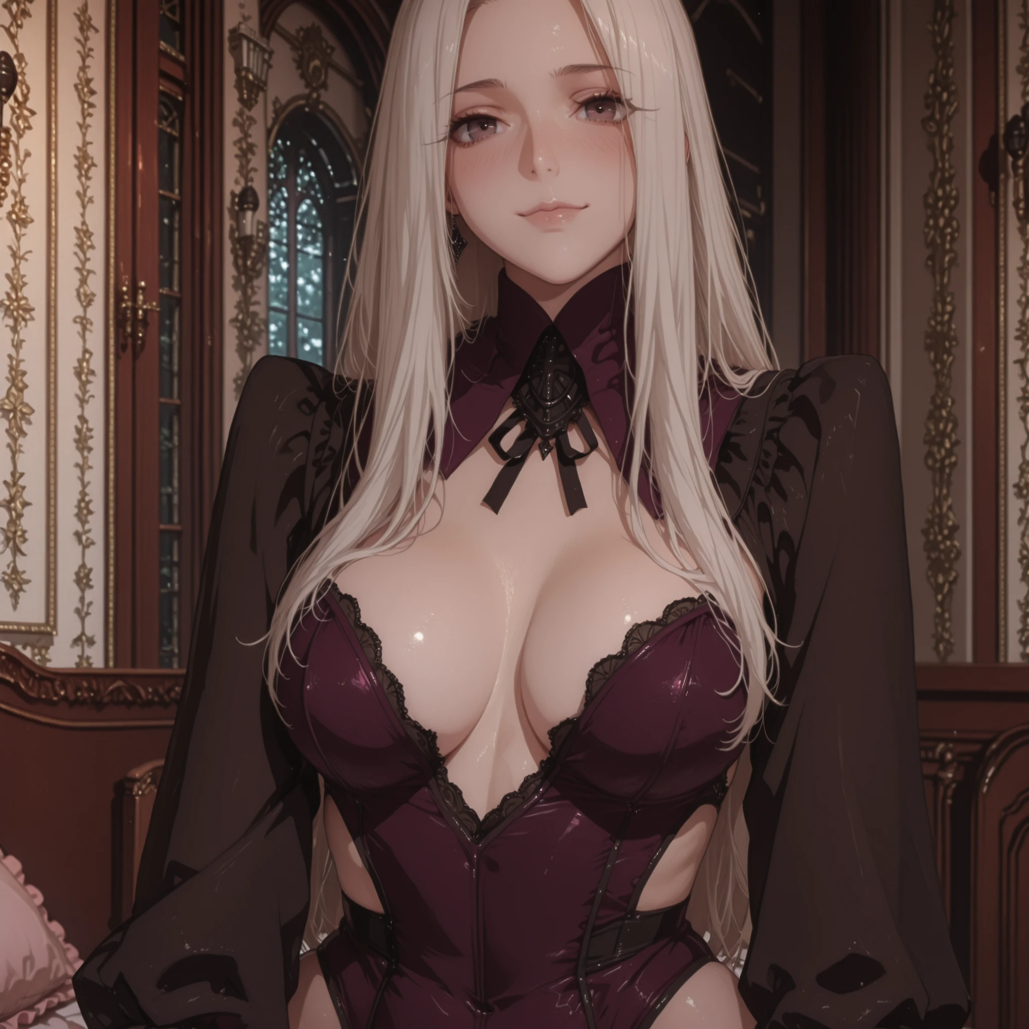 4k,masterpiece, highly detailed,solo, woman, voluptuos body, pose, soft smile, revealing outfit ,elegant castle bedroom with a window place