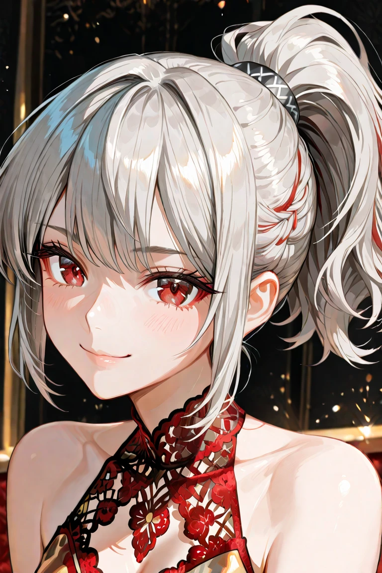 ((One personの女性)), Beautiful Face,((smile)),((Wink:1.9)),((Touching lips)), 口を大きく開けてsmile,((Bright red cheeks:1.4)),Shiny red lips,night,rooftop,Festive decorations,You can see the ocean, firework,口を開けてsmile,Glossy pink lips, Lighting,((Anime style background)),masterpiece, Highest quality, so beautiful,Latest, Complex details, (Pink long nails),(ring),(bracelet),(choker),AI-generated, Complex,High resolution, Highest quality, super high quality,3D Images、3D Images,One person,Long white hair,High Ponytail,(Pale eyes),Anime woman posing for a photo, ((fine grain、Silver-white colorful eyes、Shining Eyes:1.4)),(Squint your eyes:1.1),a hyperRealistic , hyperRealistic , Realistic,Long white hairのアニメ女性, Smooth anime CG art, A woman in a colorful kimono with gold embroidery, (black furisode),Red floral pattern,Long flower hair ornament,big floral earrings,Mature Body,(Big Breasts:1.1),expensive,Abdominal muscles,Tight waist,(Zoom up to face:1.7),Shooting from diagonally below