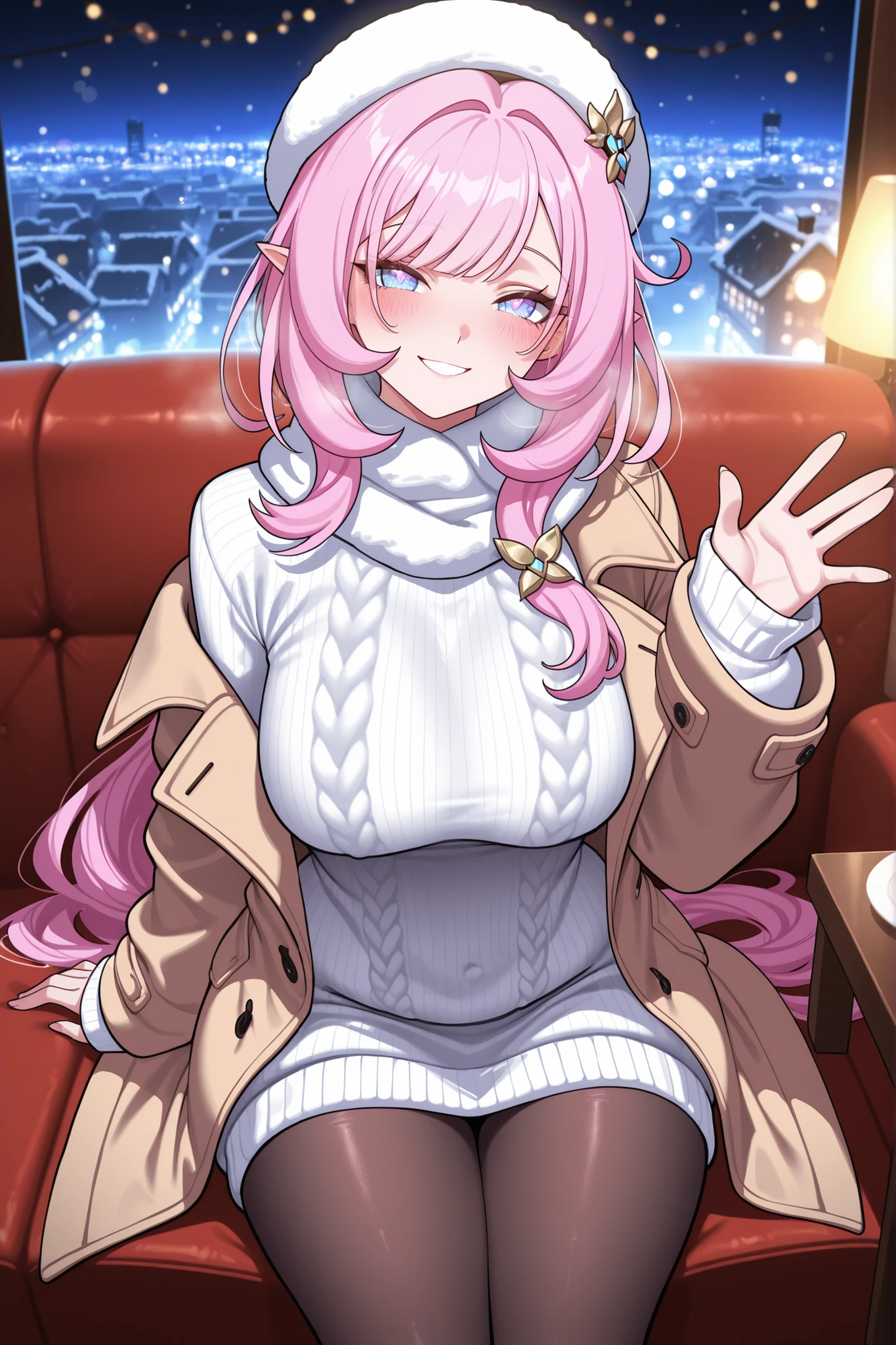 high quality, masterpiece, best quality, elysia_(honkai_impact), Mullon art style, 1girl, solo, pink and white gradient long straight hair let down, wavy hair, blush, smiling at viewer, winter evening outfit, pantyhose, chic oversized knit sweater, stylish winter scarf loosely draped, warm wool winter beret, fleece winter trench coat, sitting across from viewer, sofa, tables, in exclusive rooftop winter garden restaurant, fairy lights and heat lamps creating warm glow, one hand waving, snow falling on cityscape backdrop, bokeh light effect, intimate date atmosphere, face focus, score_9, ultra detailed, viewer pov