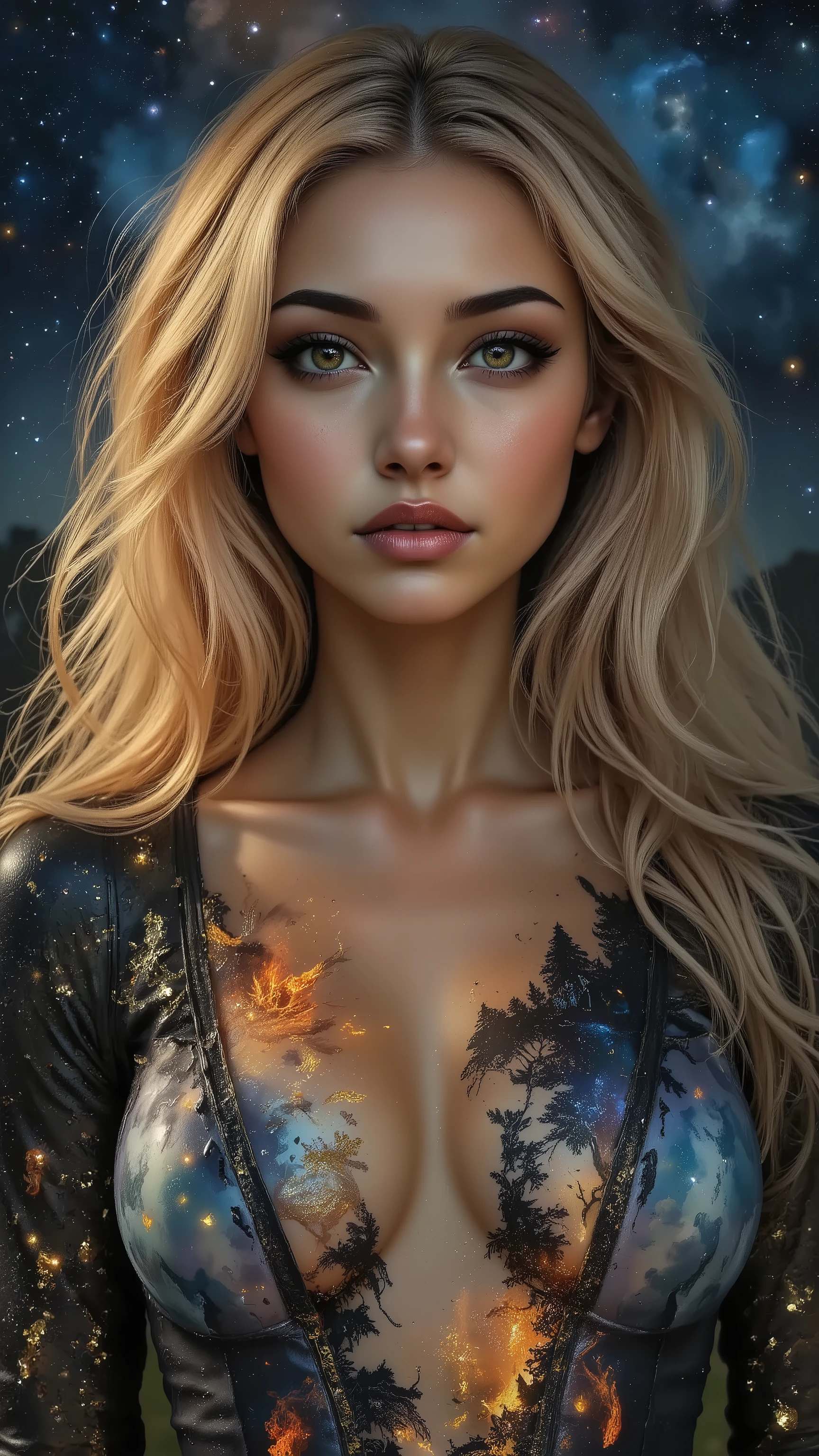 Ultra-realistic (photorealistic Realism) , "UHD, Hyper high resolution" - "(Hyper quality, intricately ultra-detailed digital art)" (Key Directive: - ("The priority is the anatomical accuracy and texture of the materials" - "Ultra-sharp human eyes with biological accuracy")), {hyper realistic and detailed face,"Eyes: (acid-resistant terminology) (macro-details:1 . 5): * Moist corneal surface (visible aqueous layer:1 . 2) * Ultra-detailed iris stroma brown (with gold flecks) * Precise limbal ring (slightly darker pigmentation:1 . 22) - "Lashes: blue individual synthetic fibers (crosshatched roots:1 . 2 , clump-free separation)" (Post-Processing: - "Frequency separation for skin vs eye details" - "Selective sharpening: eyes200% , hair80%" - "Denoise: luminance20 , color35 (retain corneal speculars)") (Avoid: "pupil distortion , uncanny valley asymmetry , plastic-like wetness") ((perfect dark_eyeshadows:1.3)),(apply glossy red lipstick:1.22), ((long [[dark]] blonde hair ((slicked to the side:1.22)) extremely detailed:1.32)), (Beautiful long legs in good style:1.35), ((no bra, no panties:1.3)), (medium butt), (skinny body build),(perfect hot model body:1.4), ((slim belly: 1.2)),  An exquisite blend of a portrait of a woman in a beautiful dress and a medieval night scene. ((A complex high-resolution double exposure of twinkling stars inside a beautiful dress, creating a fantastic image with a starry sky as a backdrop)) [The vivid colors of a dream, holding jewels against a medieval sky full of colorful stars]. (Rendering engine: "Unreal Engine 5 path tracing, 16K texture maps") | The ultra-Highres,Unreal 5,Subsurface scattering,PBR Texturing,Post-Processing,Anisotropic Filtering,depth of fields,Maximum Sharpness and Sharpness,Precise simulation of light-material interactions,perfectly proportions,Octane rendering, Wide Aperture, low ISO, white balance, The rule of thirds.