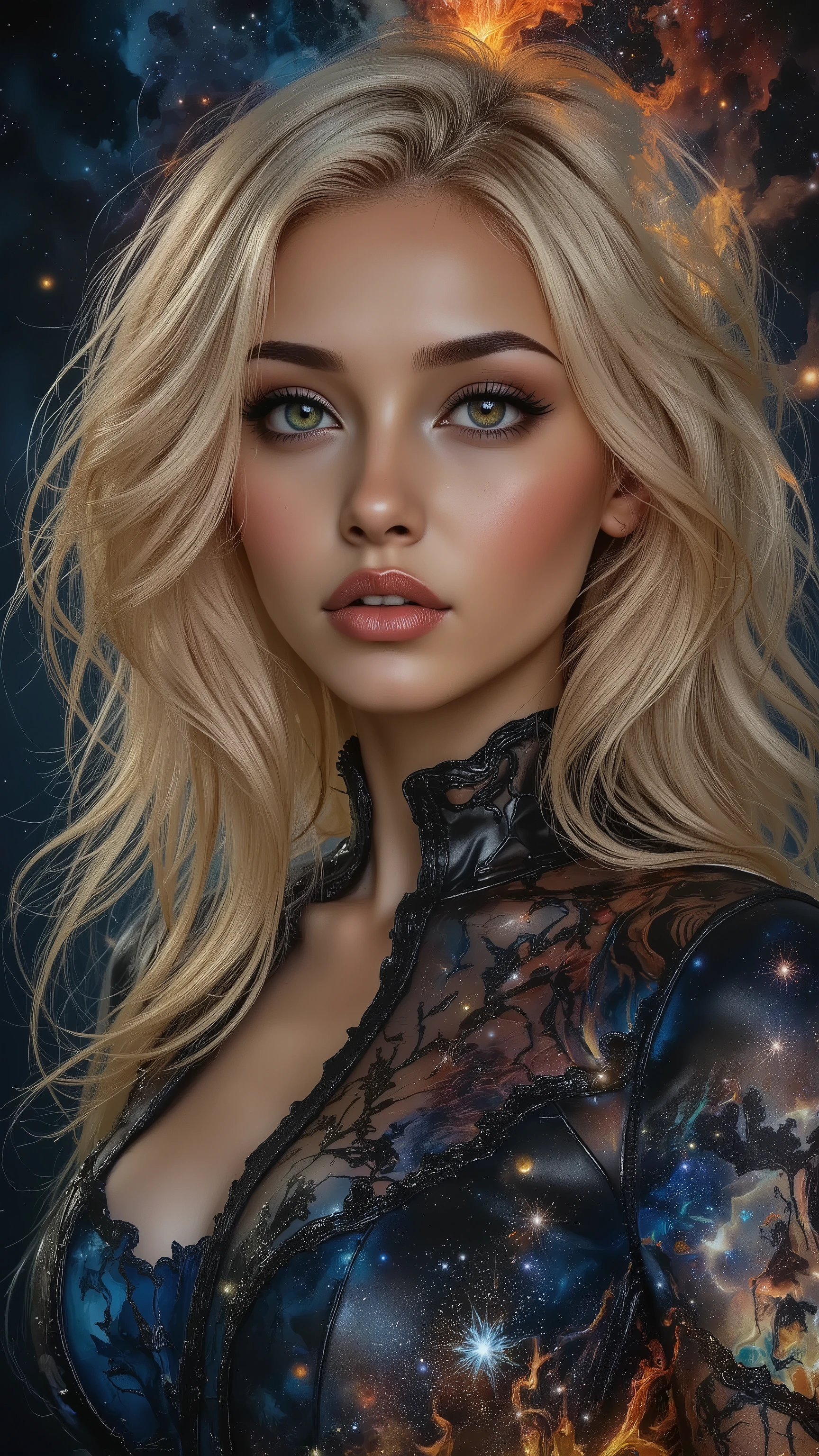 Ultra-realistic (photorealistic Realism) , "UHD, Hyper high resolution" - "(Hyper quality, intricately ultra-detailed digital art)" (Key Directive: - ("The priority is the anatomical accuracy and texture of the materials" - "Ultra-sharp human eyes with biological accuracy")), {hyper realistic and detailed face,"Eyes: (acid-resistant terminology) (macro-details:1 . 5): * Moist corneal surface (visible aqueous layer:1 . 2) * Ultra-detailed iris stroma brown (with gold flecks) * Precise limbal ring (slightly darker pigmentation:1 . 22) - "Lashes: blue individual synthetic fibers (crosshatched roots:1 . 2 , clump-free separation)" (Post-Processing: - "Frequency separation for skin vs eye details" - "Selective sharpening: eyes200% , hair80%" - "Denoise: luminance20 , color35 (retain corneal speculars)") (Avoid: "pupil distortion , uncanny valley asymmetry , plastic-like wetness") ((perfect dark_eyeshadows:1.3)),(apply glossy red lipstick:1.22), ((long [[dark]] blonde hair ((slicked to the side:1.22)) extremely detailed:1.32)), (Beautiful long legs in good style:1.35), ((no bra, no panties:1.3)), (medium butt), (skinny body build),(perfect hot model body:1.4), ((slim belly: 1.2)),  An exquisite blend of a portrait of a woman in a beautiful dress and a medieval night scene. ((A complex high-resolution double exposure of twinkling stars inside a beautiful dress, creating a fantastic image with a starry sky as a backdrop)) [The vivid colors of a dream, holding jewels against a medieval sky full of colorful stars]. (Rendering engine: "Unreal Engine 5 path tracing, 16K texture maps") | The ultra-Highres,Unreal 5,Subsurface scattering,PBR Texturing,Post-Processing,Anisotropic Filtering,depth of fields,Maximum Sharpness and Sharpness,Precise simulation of light-material interactions,perfectly proportions,Octane rendering, Wide Aperture, low ISO, white balance, The rule of thirds.