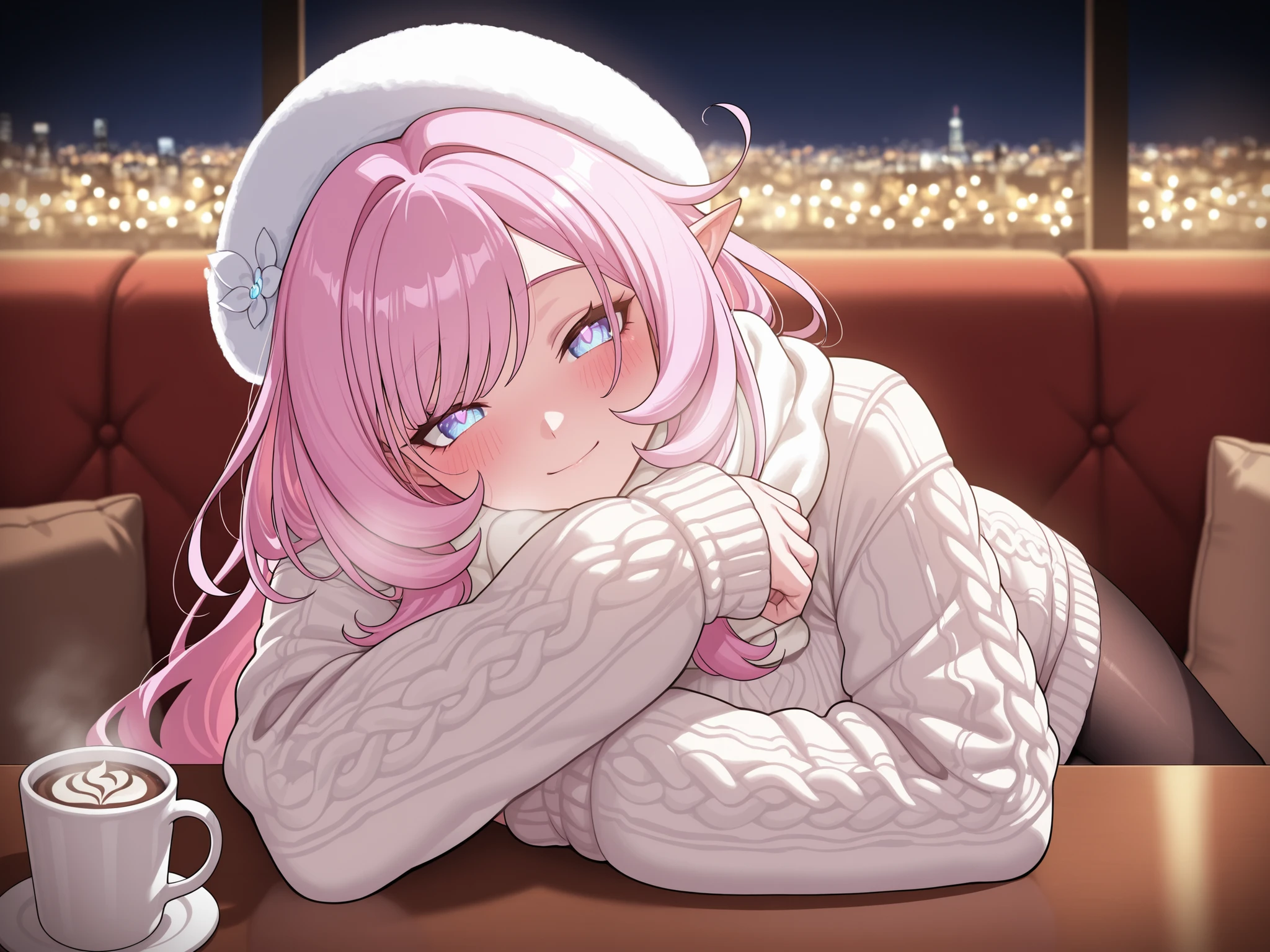 high quality, masterpiece, best quality, elysia_(honkai_impact), Mullon art style, 1girl, solo, pink and white gradient long straight hair let down, wavy hair, blush, winter evening outfit, pantyhose, chic oversized knit sweater, stylish winter scarf loosely draped, white warm wool winter beret, fleece winter trench coat, sofa, tables, sitting on a plush café bench, hugging a soft cushion while slightly leaning to the side, soft warm lighting enhancing the cozy atmosphere, blurred background of café decor and stylish customers, fashionable simple design, face focus, masterpiece, best quality, ultra quality, high detailed, night time, table, on the table, fairy lights and heat lamps creating warm glow, holding a cup of hot cocoa, snow falling on cityscape backdrop, bokeh light effect, intimate date atmosphere, face focus, score_9, ultra detailed, viewer pov, view from the side