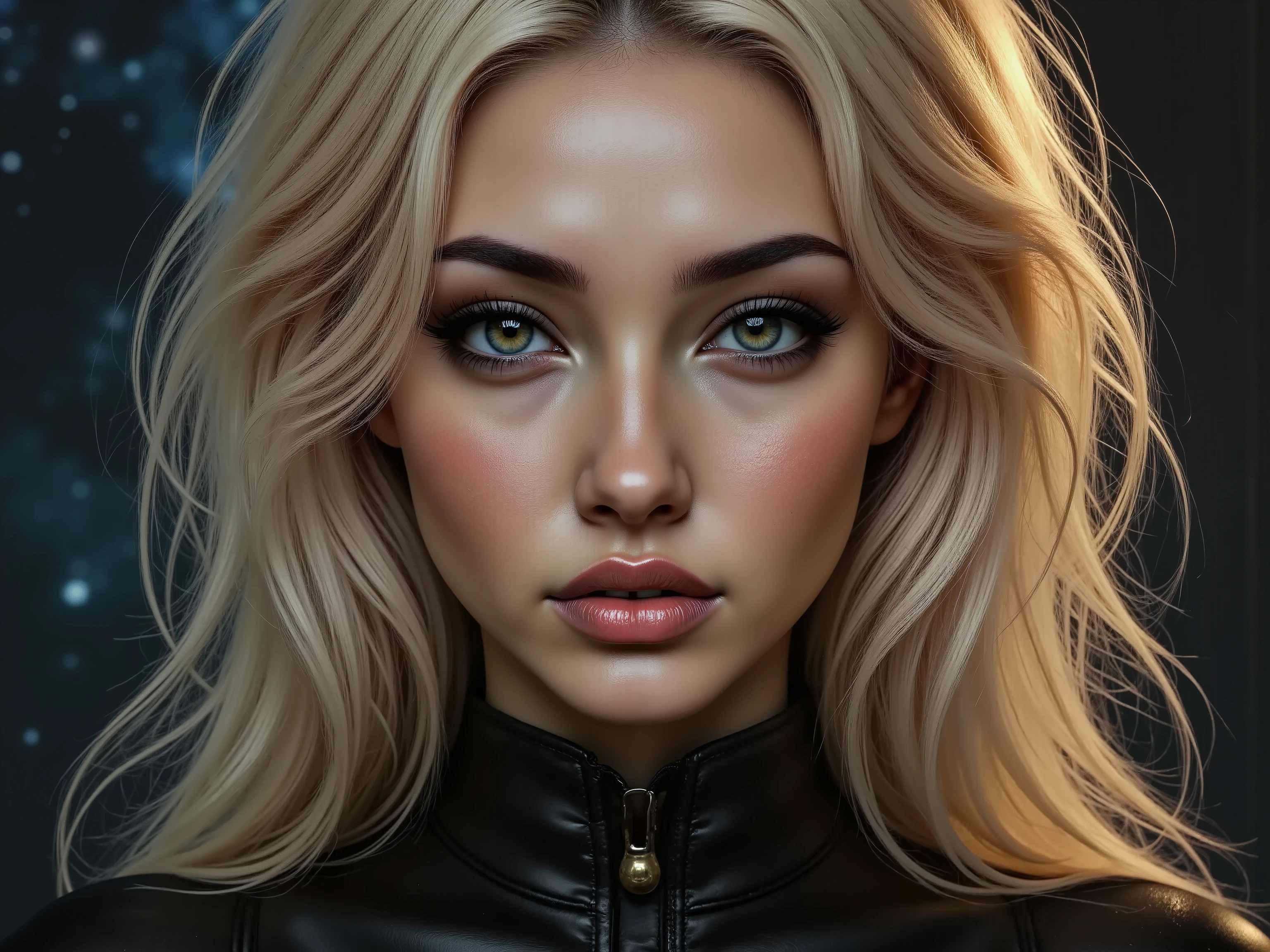 Ultra-realistic (photorealistic Realism) , "UHD, Hyper high resolution" - "(Hyper quality, intricately ultra-detailed digital art)" (Key Directive: - ("The priority is the anatomical accuracy and texture of the materials" - "Ultra-sharp human eyes with biological accuracy")), {hyper realistic and detailed face,"Eyes: (acid-resistant terminology) (macro-details:1 . 5): * Moist corneal surface (visible aqueous layer:1 . 2) * Ultra-detailed iris stroma brown (with gold flecks) * Precise limbal ring (slightly darker pigmentation:1 . 22) - "Lashes: blue individual synthetic fibers (crosshatched roots:1 . 2 , clump-free separation)" (Post-Processing: - "Frequency separation for skin vs eye details" - "Selective sharpening: eyes200% , hair80%" - "Denoise: luminance20 , color35 (retain corneal speculars)") (Avoid: "pupil distortion , uncanny valley asymmetry , plastic-like wetness") ((perfect dark_eyeshadows:1.3)),(apply glossy red lipstick:1.22), ((long [[dark]] blonde hair ((slicked to the side:1.22)) extremely detailed:1.32)), (Beautiful long legs in good style:1.35), ((no bra, no panties:1.3)), (medium butt), (skinny body build),(perfect hot model body:1.4), ((slim belly: 1.2)),  An exquisite blend of a portrait of a woman in a beautiful dress and a medieval night scene. ((A complex high-resolution double exposure of twinkling stars inside a beautiful dress, creating a fantastic image with a starry sky as a backdrop)) [The vivid colors of a dream, holding jewels against a medieval sky full of colorful stars]. (Rendering engine: "Unreal Engine 5 path tracing, 16K texture maps") | The ultra-Highres,Unreal 5,Subsurface scattering,PBR Texturing,Post-Processing,Anisotropic Filtering,depth of fields,Maximum Sharpness and Sharpness,Precise simulation of light-material interactions,perfectly proportions,Octane rendering, Wide Aperture, low ISO, white balance, The rule of thirds.