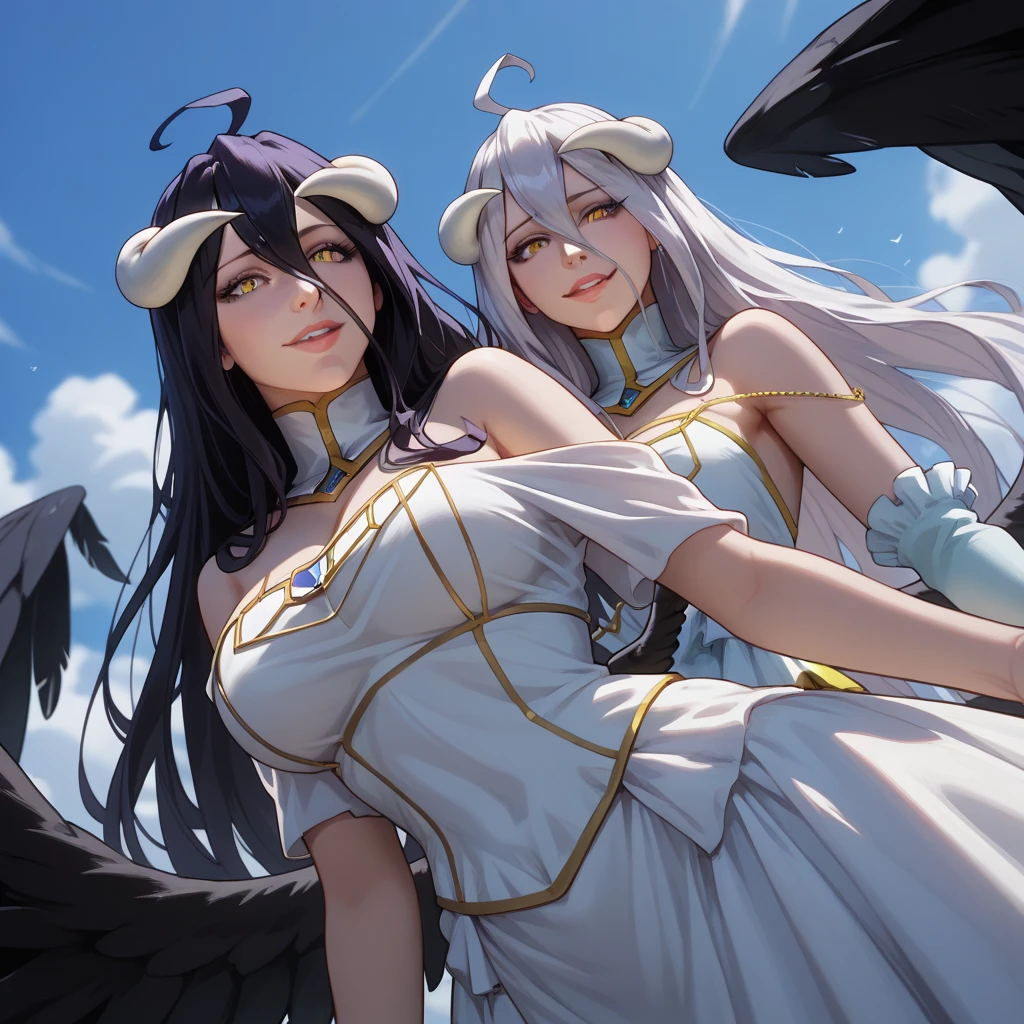 ((On the table, best quality)), Delicate face, Character Design Sheet，whole body, Perfect proportion，Rich in details, Multiple poses and expressions, Very detailed, Martial Arts Girl，1Girl with black wings，Gradient hair color，Golden，Delicate eyes, ，1 Angel Wings Girl，cloud，High balance, Halo，Natural light，Starlight decoration，Background greek temple
