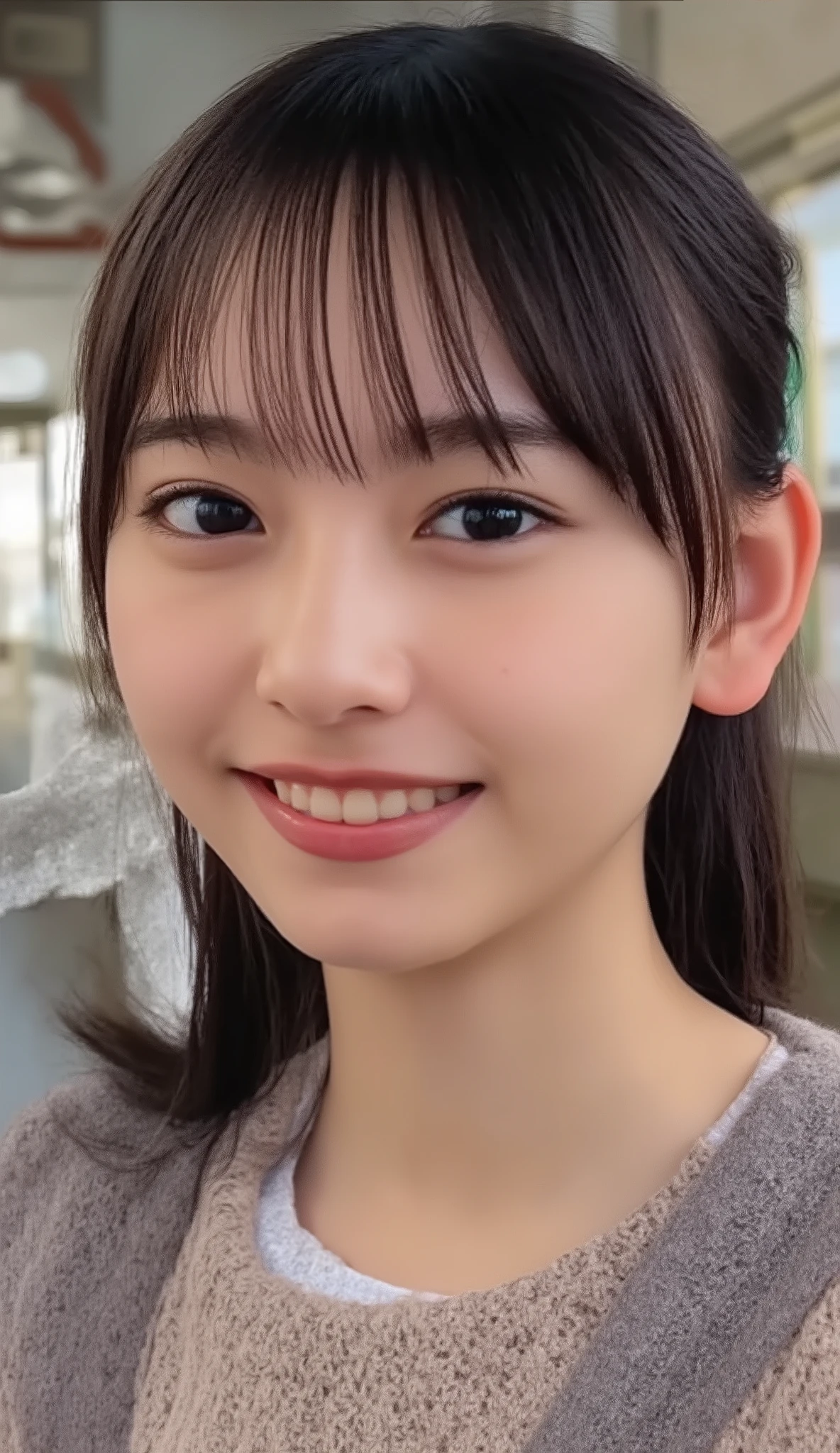 Beautiful girl、face up with eyebrows 、Correct structure as a human    、 Women's Correct Structure、v-neck sweater、 top quality、masterpiece、 big boobs、big boobs、correct number of fingers、is Shibuya、beautiful woman、big breasts