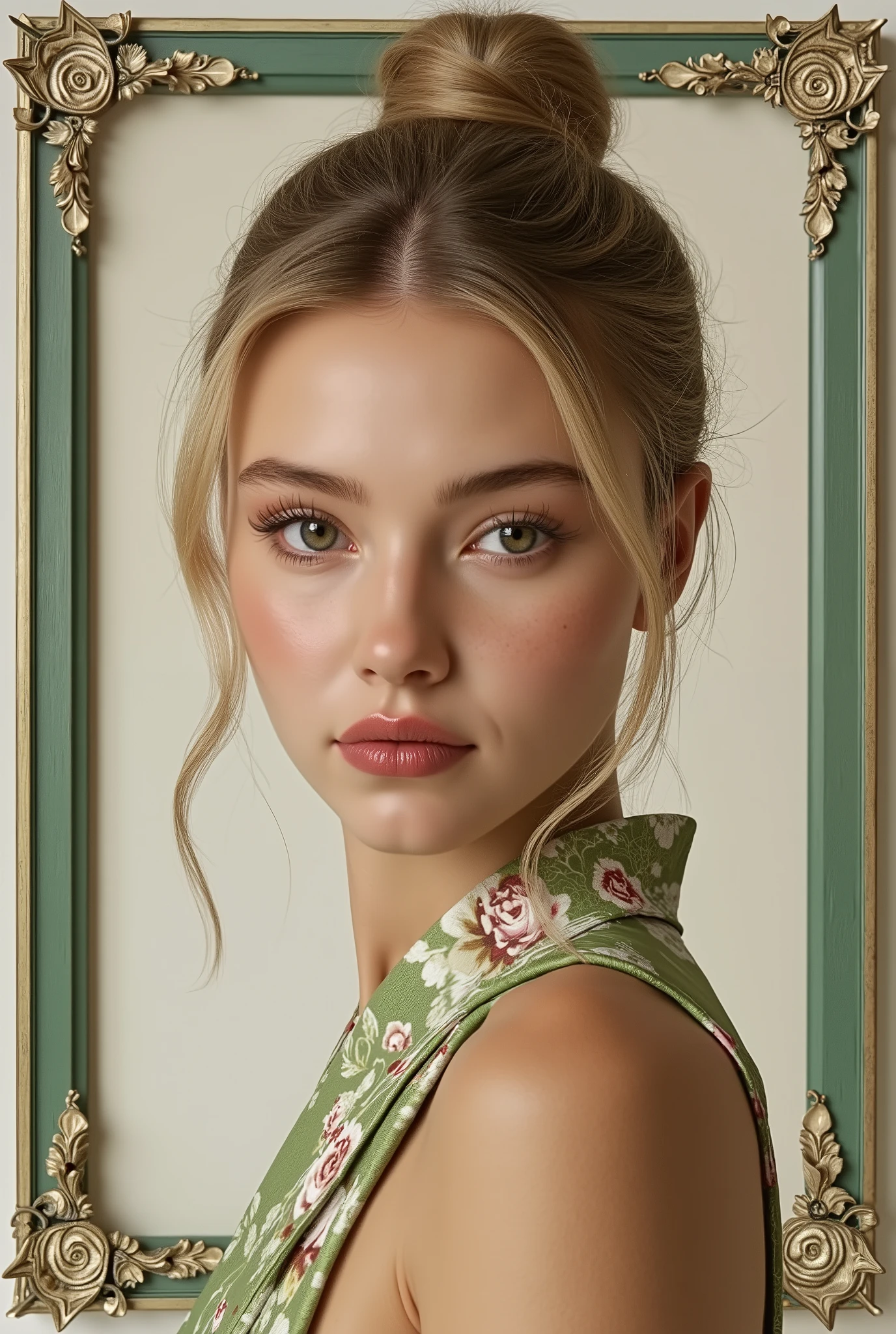 annie: realistic studio photo of a model like Annie Schröter Influenzer
GR: ((Fine green frame with roses around the picture):1.9).
"🌟:ultra high resolution, fotorealistisch, in the style of a classic Studio portraits with soft beauty light and subtle, thin frame with ghotic rose ornaments around the entire picture, large bust"
"🌌:neutraler, light cream studio background, soft Rembrandt light from the top left, barely visible crease, everything focuses on the face and upper body"
"👤 : Annie Schröter (20) In Japanese house dress,
Hochsteckfrisur,single strands of blonde hair fall softly over one shoulder,
feste titten, covered firm breasts.
Flawless face with natural makeup
Hyperdetailed brown iris with visible corneal structure
Precise limbal ring with darker pigmentation
Natural eyelashes without clumping
Self-confident direct look at the camera
"🔥:sie steht entspannt, Kopf leicht geneigt, a barely noticeable smile, the mood is timelessly elegant and permeated by calm beauty"