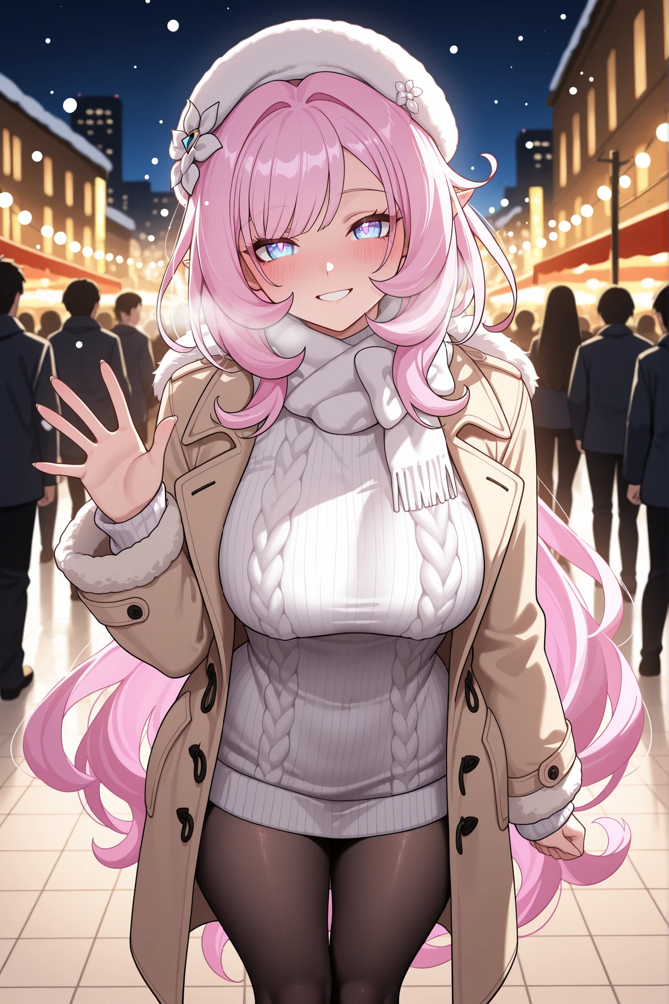 high quality, masterpiece, best quality, elysia_(honkai_impact), Mullon art style, 1girl, solo, pink and white gradient long straight hair let down, wavy hair, blush, winter evening outfit, pantyhose, chic oversized knit sweater, stylish winter scarf loosely draped, white warm wool winter beret, fleece winter trench coat, standing, one hand waving, date night, a soft warm lighting enhancing the cozy atmosphere, blurred background buildings and crowd of people, fashionable simple design, face focus, masterpiece, best quality, ultra quality, high detailed, night time, fairy lights and heat lamps creating warm glow, snow falling on cityscape backdrop, bokeh light effect, intimate date atmosphere, face focus, score_9, ultra detailed, looking at viewer, view from above
