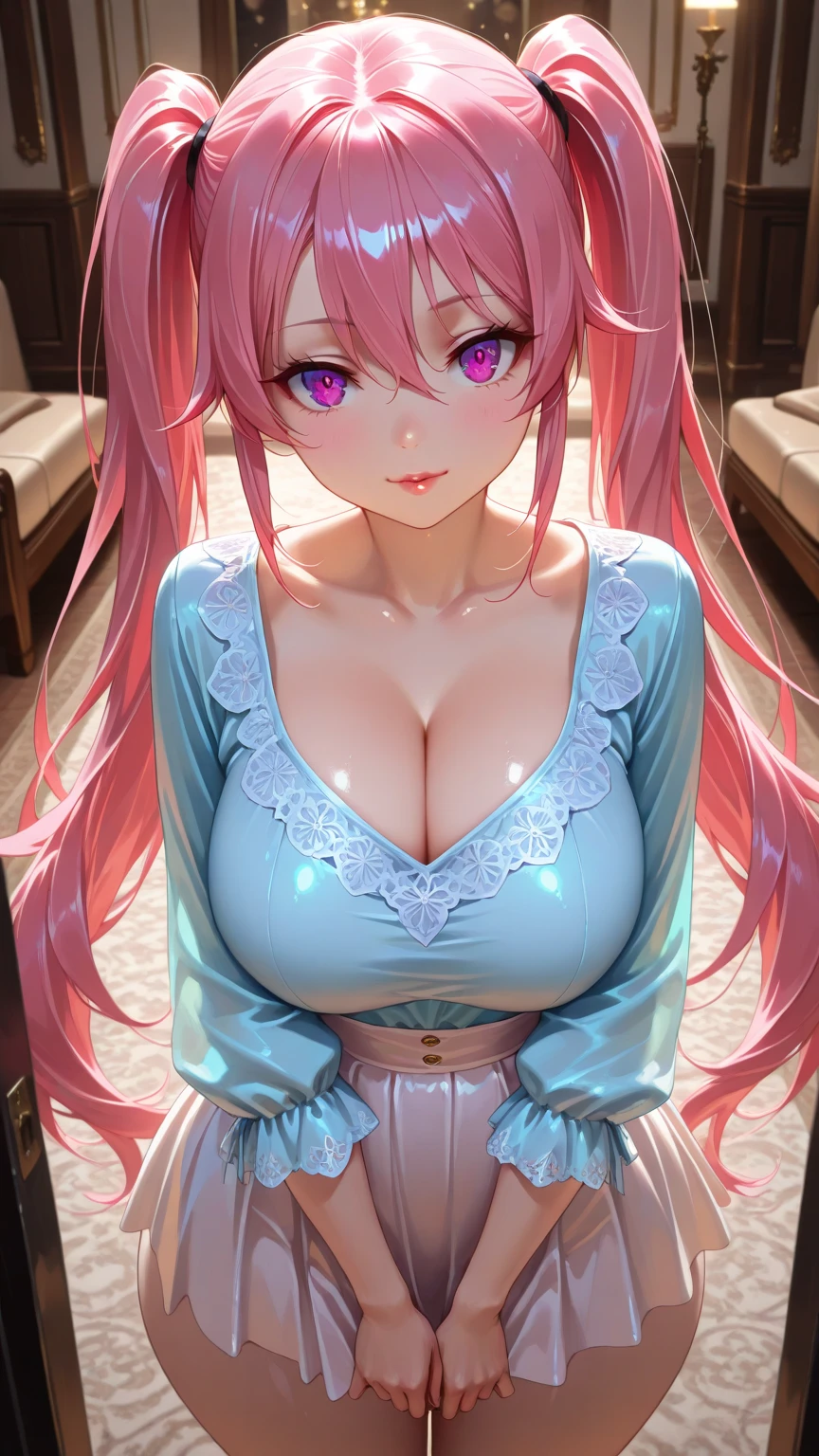 NSFW，(Very delicate，highest quality、8k），（milf)，Pitch-dark room，presenting，lure，smile，blush，Pink Gold Haired Maid，Speech bubble