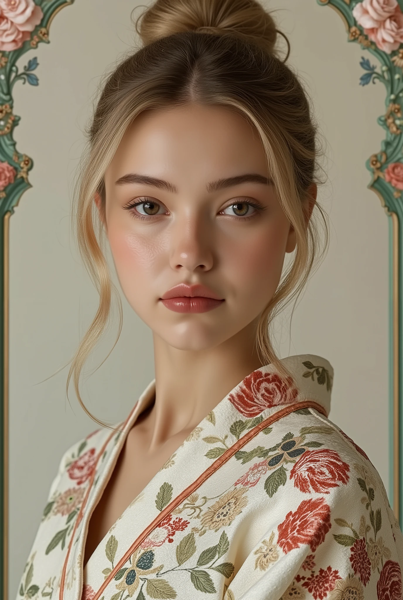 annie: realistic studio photo of a model like Annie Schröter Influenzer
GR: ((Fine green frame with roses around the picture):1.9).
"🌟:ultra high resolution, fotorealistisch, in the style of a classic Studio portraits with soft beauty light and subtle, thin frame with ghotic rose ornaments around the entire picture, large bust"
"🌌:neutraler, light cream studio background, soft Rembrandt light from the top left, barely visible crease, everything focuses on the face and upper body"
"👤 : Annie Schröter (20) In Japanese house dress,
Hochsteckfrisur,single strands of blonde hair fall softly over one shoulder,
feste titten, covered firm breasts.
Flawless face with natural makeup
Hyperdetailed brown iris with visible corneal structure
Precise limbal ring with darker pigmentation
Natural eyelashes without clumping
Self-confident direct look at the camera
"🔥:sie steht entspannt, Kopf leicht geneigt, a barely noticeable smile, the mood is timelessly elegant and permeated by calm beauty"