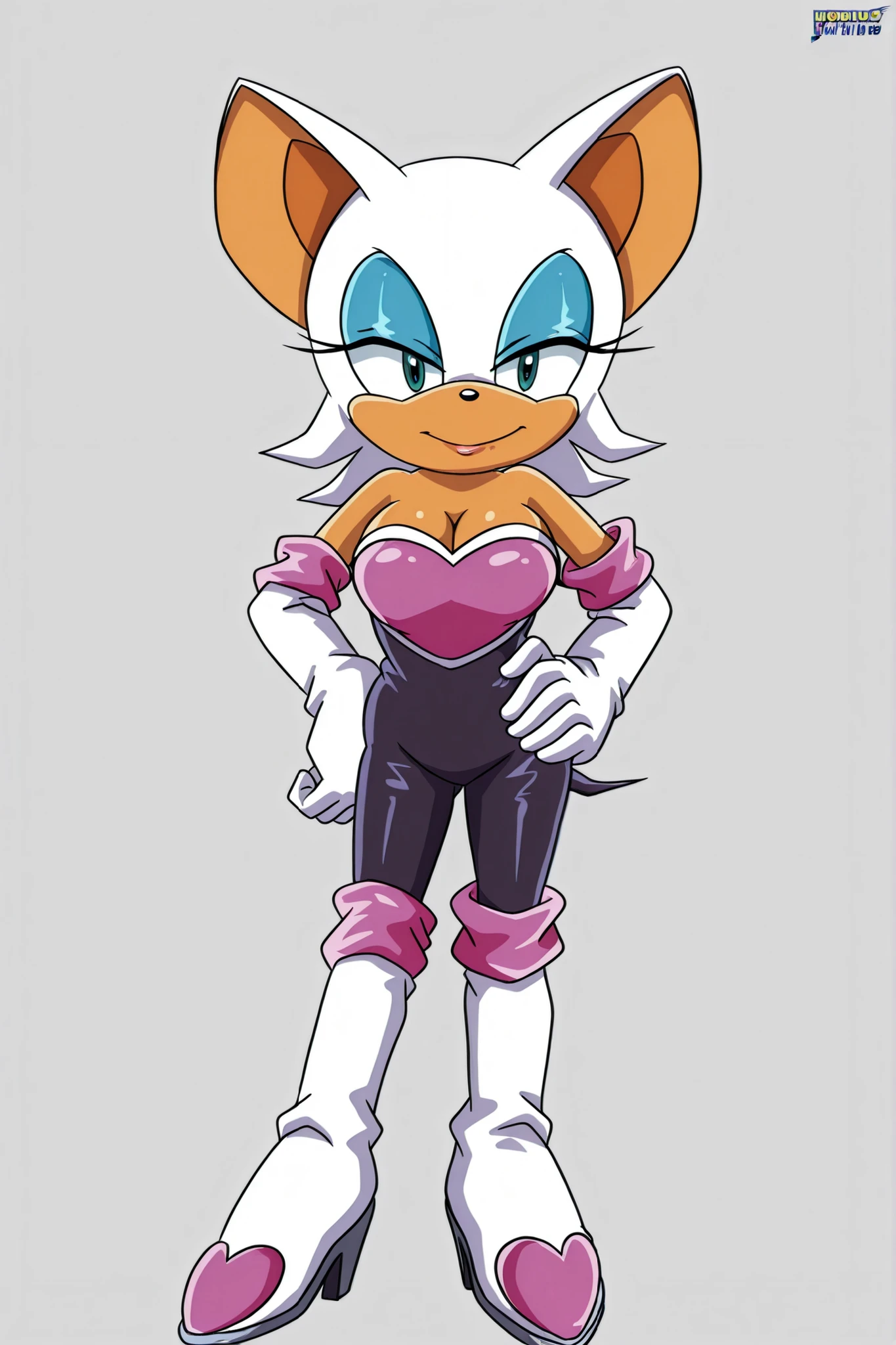 Rouge the bat, cleavage, bbmbbf style, looking at viewer, smile, one hand on hip, posing
