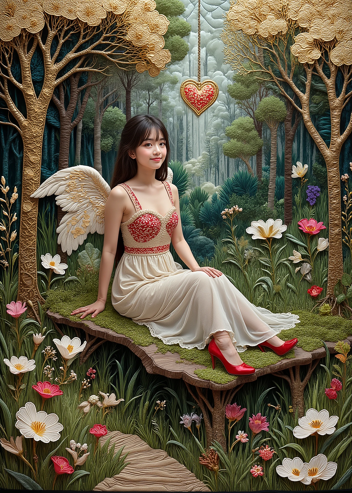 (Jean＝Contemporary Abstract Oil Painting Design by François Millet ,masterpiece, high quality, high image quality, and high precision, photorealistic),fairy tale scene、Deep in the Forest、cute woman、（On the Midori Grass、1 angel sitting on a mossy wooden bed、sexy、on the side、）、has a heart-shaped angel ring floating above her head、red high heels、fairy tale、Fantastic Scene。