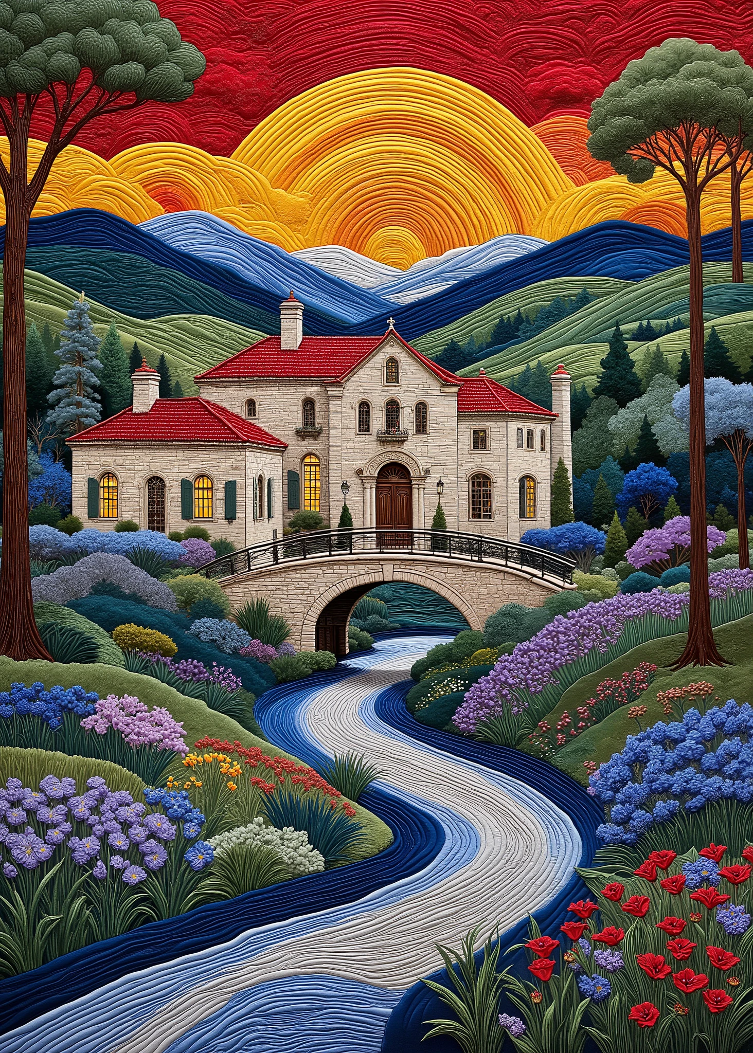 Jean＝Contemporary Abstract Oil Painting Design by François Millet ,  depicting a sea of blue wildflowers,         lilac, In the center, as the sun sets over the farmhouse、A beautiful stream flows into an elegant Spanish stone building、Snake line 。there is a bridge over the stream in front of the house、The garden grows around the house。The stream flows around the lake、The house flows。the red and orange sky and clouds, dusk、Sunset over a farm landscape.