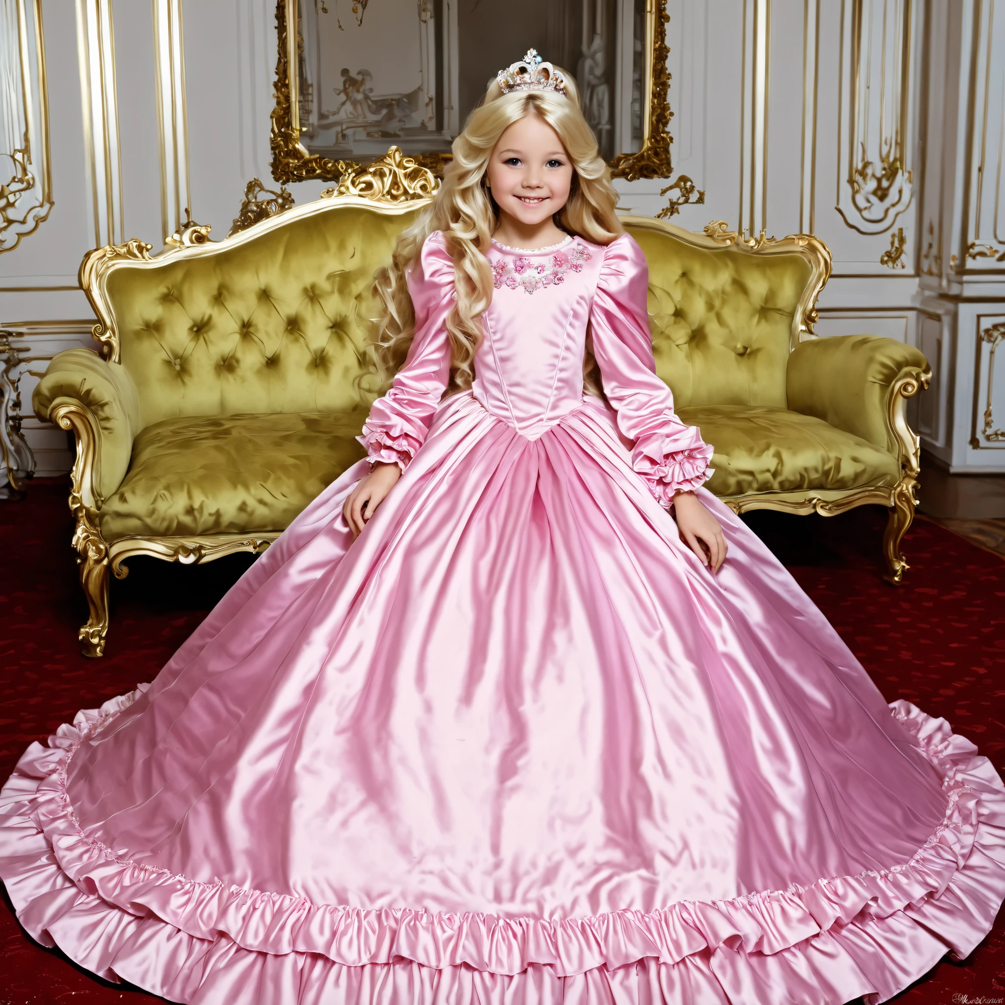 top quality, masterpiece, Highest Resolution, art work, super それにget used to it, many get used to it, get used to it, それにget used to it, 3k photos,((American girls from the 1970s,I'm cosplaying as a princess,blonde long hair)),Smile Yan,Model,((10 years old)),,((Full Body,Distant view:1.0)),,((pink silk satin victorian style big ball gown dress.:1.0)),puff sleeve,ruffle sleeve,long sleeve,The dress is decorated with lots of ruffles and ribbons., have waist-length blonde wavy long hair,They wear princess tiaras on their heads,In a gorgeous European rococo palace,