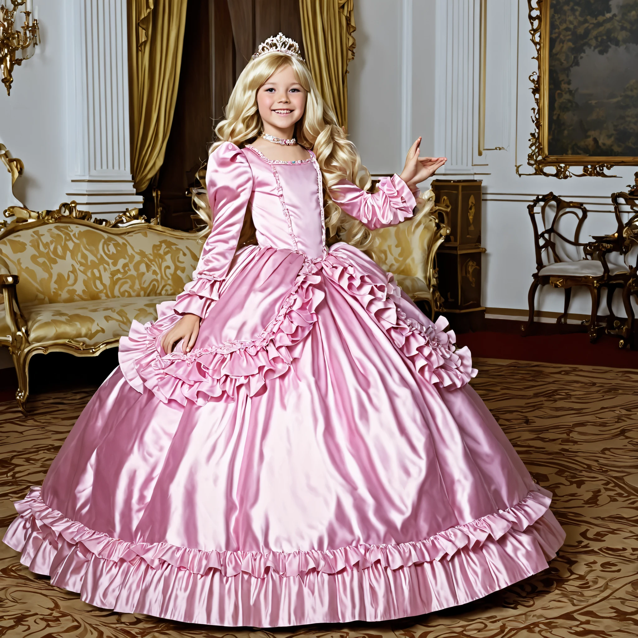 top quality, masterpiece, Highest Resolution, art work, super それにget used to it, many get used to it, get used to it, それにget used to it, 3k photos,((American girls from the 1970s,I'm cosplaying as a princess,blonde long hair)),Smile Yan,Model,((10 years old)),,((Full Body,Distant view:1.0)),,((pink silk satin victorian style big ball gown dress.:1.0)),puff sleeve,ruffle sleeve,long sleeve,The dress is decorated with lots of ruffles and ribbons., have waist-length blonde wavy long hair,They wear princess tiaras on their heads,In a gorgeous European rococo palace,