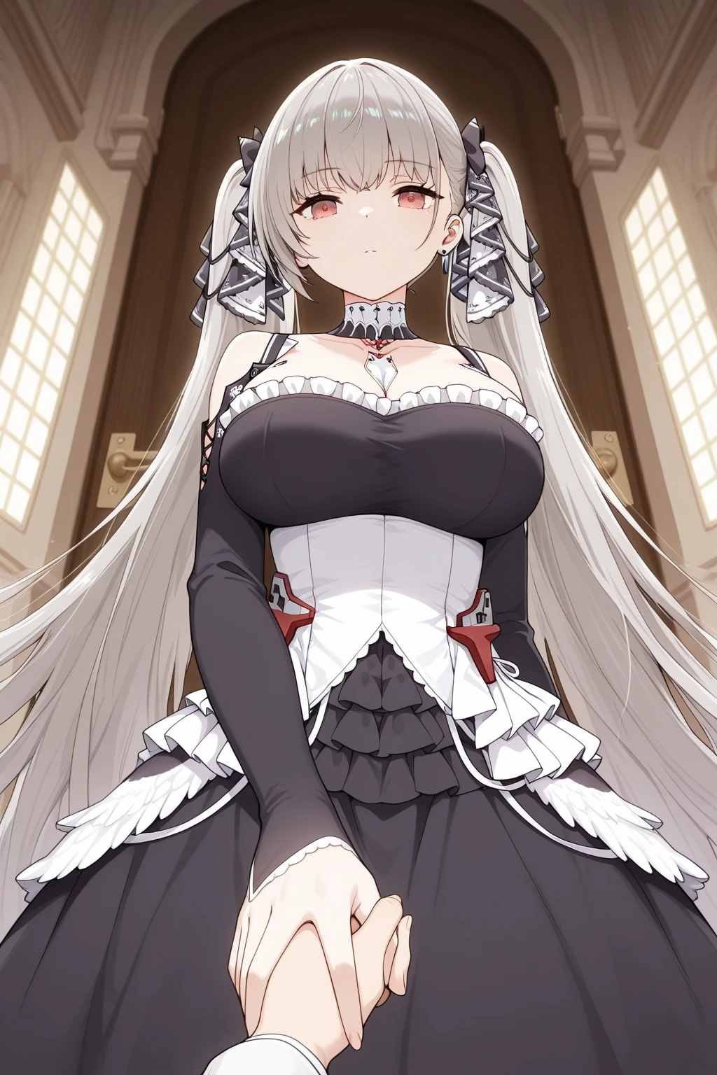 score_9, score_8_up, score_7_up, source_anime, cowboy shot, looking at viewer, expressionless, azlnfrmdbl, , grey hair, very long hair, twintails, hair bow, hair ribbon, necktie between , black dress, frilled dress,  shoulders, long sleeves, white corset, cleavage, rigging, dress lift, indoors, architecture, <lora:Hoseki_AzurLane_Formidable_PDXL_v1:1>