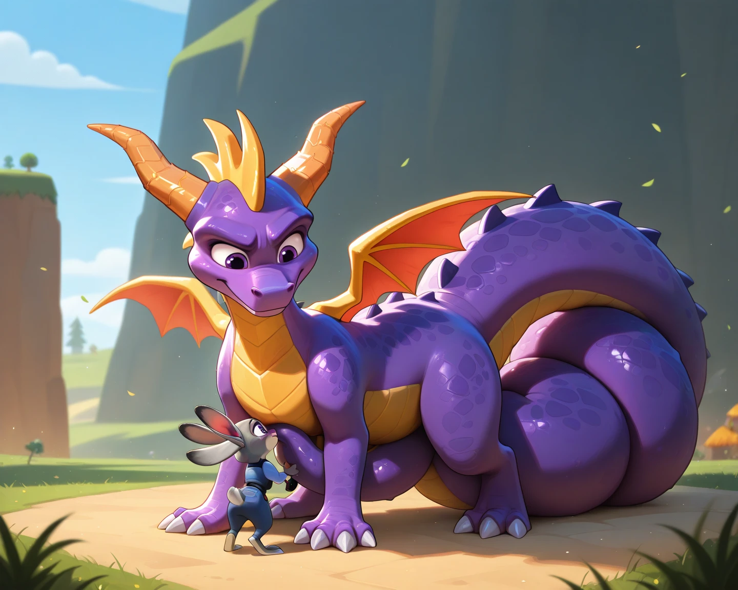 Feral, female, Macro, spyro, ((thick tail bottom)), thick thighs, full body, back, sitting, , open mouth, eating humans, in a forest, ant view