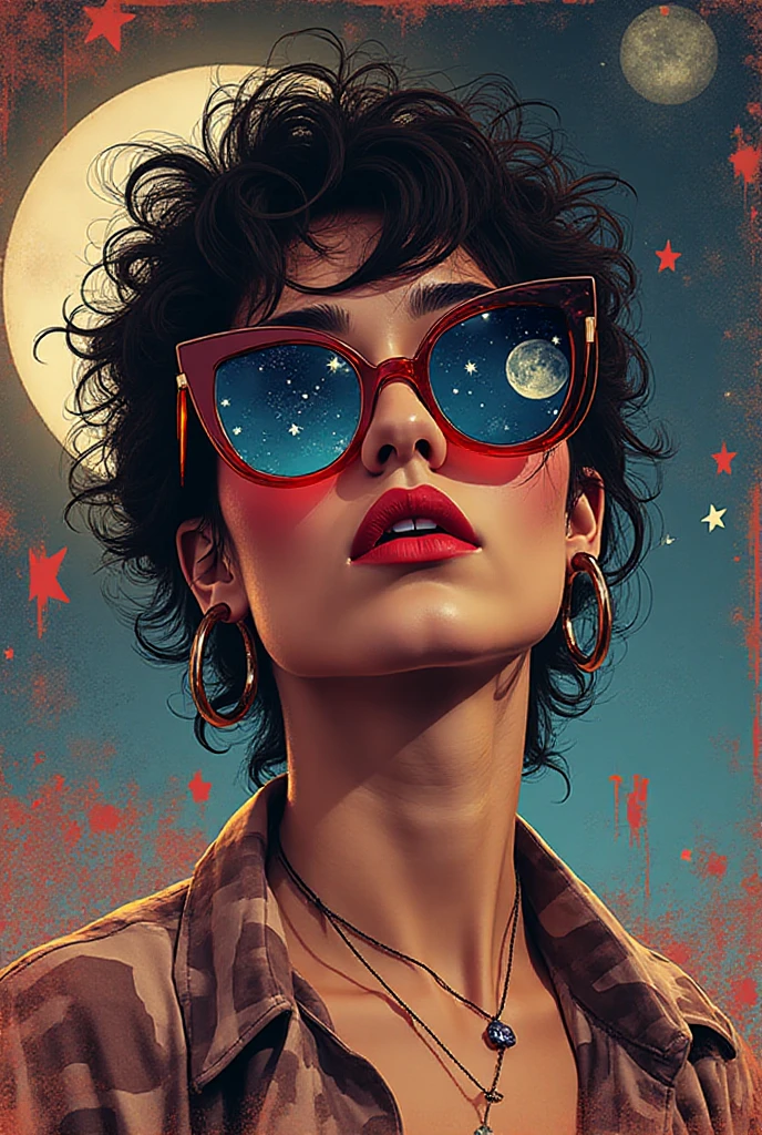 a very sexy girl, long black hair, glasses,  and very tight tank top, pronounced , small breasts,  look, beer, large window with views of the night, stars, moon, hyper-detailed, 8k, photorealistic, masterpiece, studio lighting, cinematic, dramatic lighting, intricate details, delicate features, moody atmosphere, neon-lit, neon lights, moody lighting, dark and dramatic, (art inspired in Bill Sienkiewicz). oil painting) 