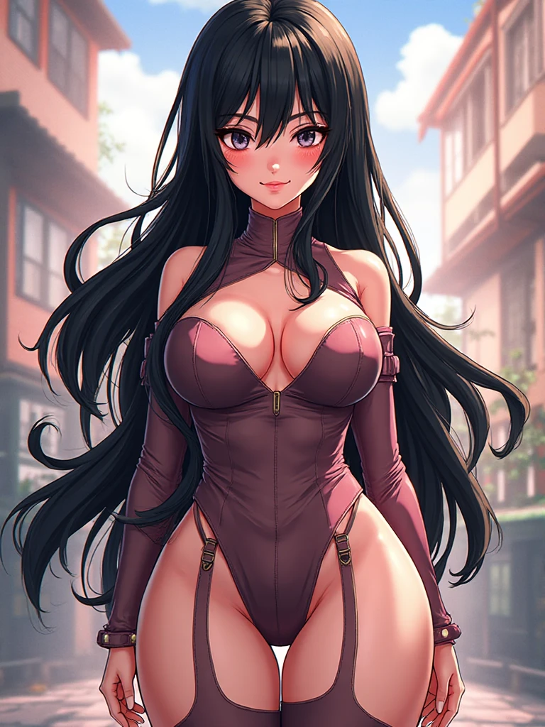 1girl, (?????? slip), (nip slip), (large ??????), ???? ?????, ???? shoulders, black hair, boots, brown eyes, circlet, dark-skinned female, dark elf, dark skin, detached sleeves, earrings, elf, hair over one eye, highleg, highleg panties, jewelry, ????????????????, long hair, navel, olga discordia, panties, pointy ears, revealing clothes, panties, parted lips, pointy ears, red eyes, solo, shiny, shiny skin, solo, thighhighs, ?????????, very long hair, shiny skin, pubic tattoo, ((BREAK outside sunny day, forest, trees, shade, light scattering, leaves)), traditional media, flat colors, texture, (?????:1.4), (see-through lingerie:1.3), (blushing face:1.4), ?????????????, ??????????, see-through, masterpiece, ultra quality, 4k quality, high details, ((g cup)), (????????)