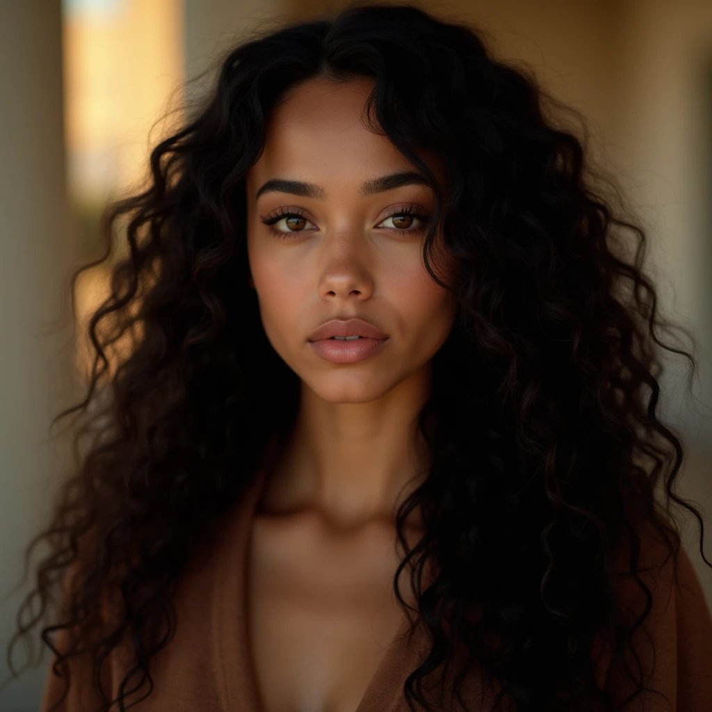 araffe woman with a white top and a necklace sitting on a bench, brown skin. light makeup, portrait sophie mudd, gorgeous woman, she has olive brown skin, portrait of a beautiful model, mid shot portrait, by Emma Andijewska, brown skinned, dark-skinned, with textured hair and skin, cute complexion