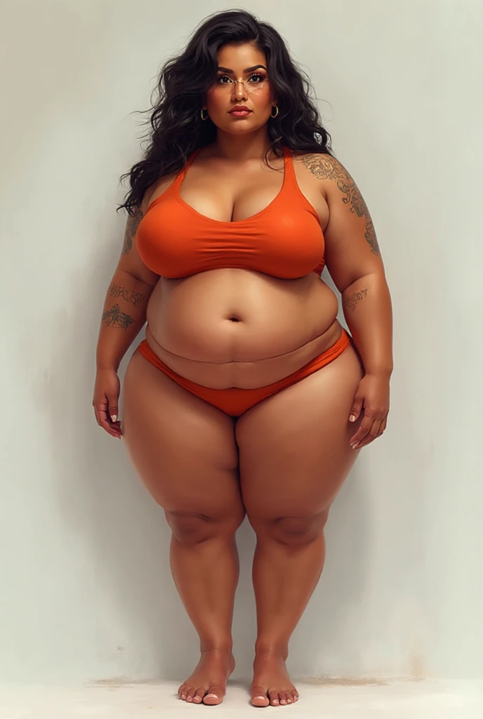 A hot brazillian woman, pretty brazillian woman, long legs, wavy messy black hair, (plump body, sagging , braless), ((wearing cyan )), brown stilettos, (navel piercing), pushes , seductive look, attractive, full body, front view, at professional photo studio, white backdrop background, dynamic light, dynamic angle, perspective, candid, curvy body, plump body, huge big , thick body, curvy body type, voluptuous body type, busty body type, thick body type, big , big