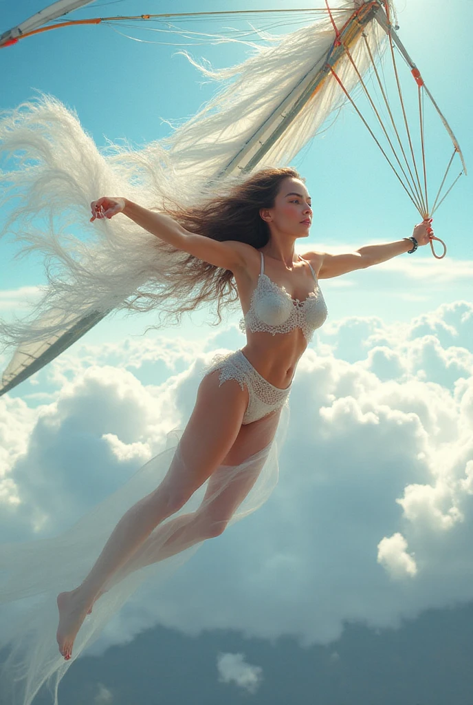 (masterpiece.UHD.photorealistic) an ultra hot gorgeous swedish woman.age 23.   Voluptuous hourglass body. Gorgeous face.epic cleavage. (100 DD SIZE) flying naked high above the ground tribal tattoos and shredded  outfit. Perfect hands. Perfect fingers.