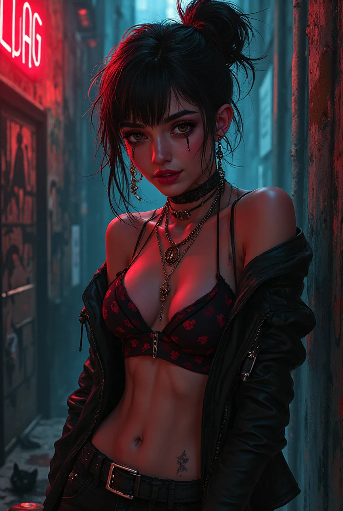 A  realistic painting of a young rebellious woman in her early 20s. She has messy, wavy black-brown hair falling just below her shoulders, with a few loose strands framing her baby face. Her eyes sparkle with mischief. Her outfit reflects an urban, street fashion style — bold, creative, and expressive without being overdescribed. She clearly belongs to a local street gang, her look combining toughness with personal style.  there's a small band-aid on her arm — a subtle nod to her tough lifestyle. The background shows a neon-lit street corner or the outside of a nightclub with glowing signs and misty night air. She stands with a cocky, confident posture 
