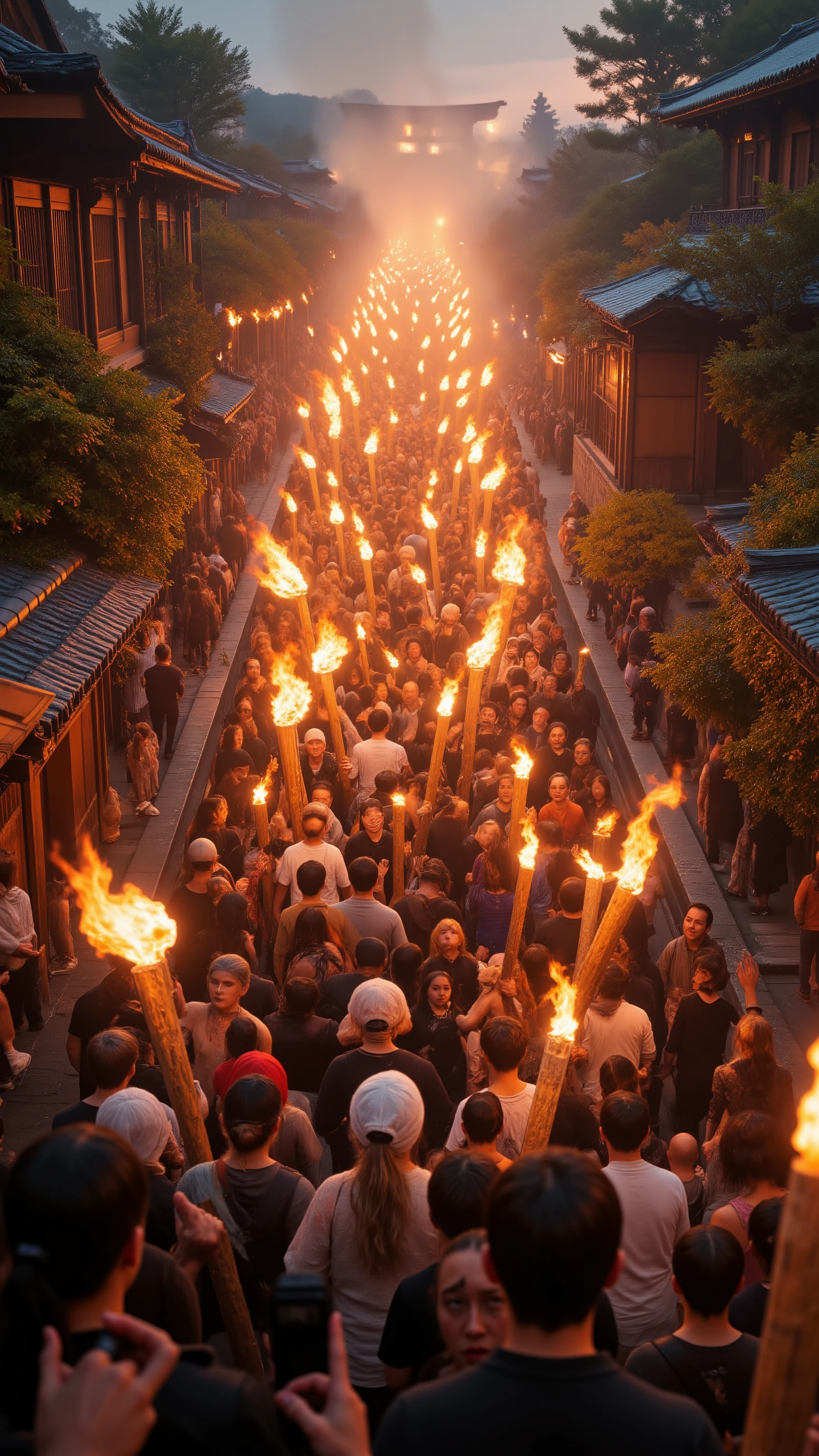 highdefinition picture、Kyoto、Kurama Fire Festival、A number of people running up the stairs with large thick torches、