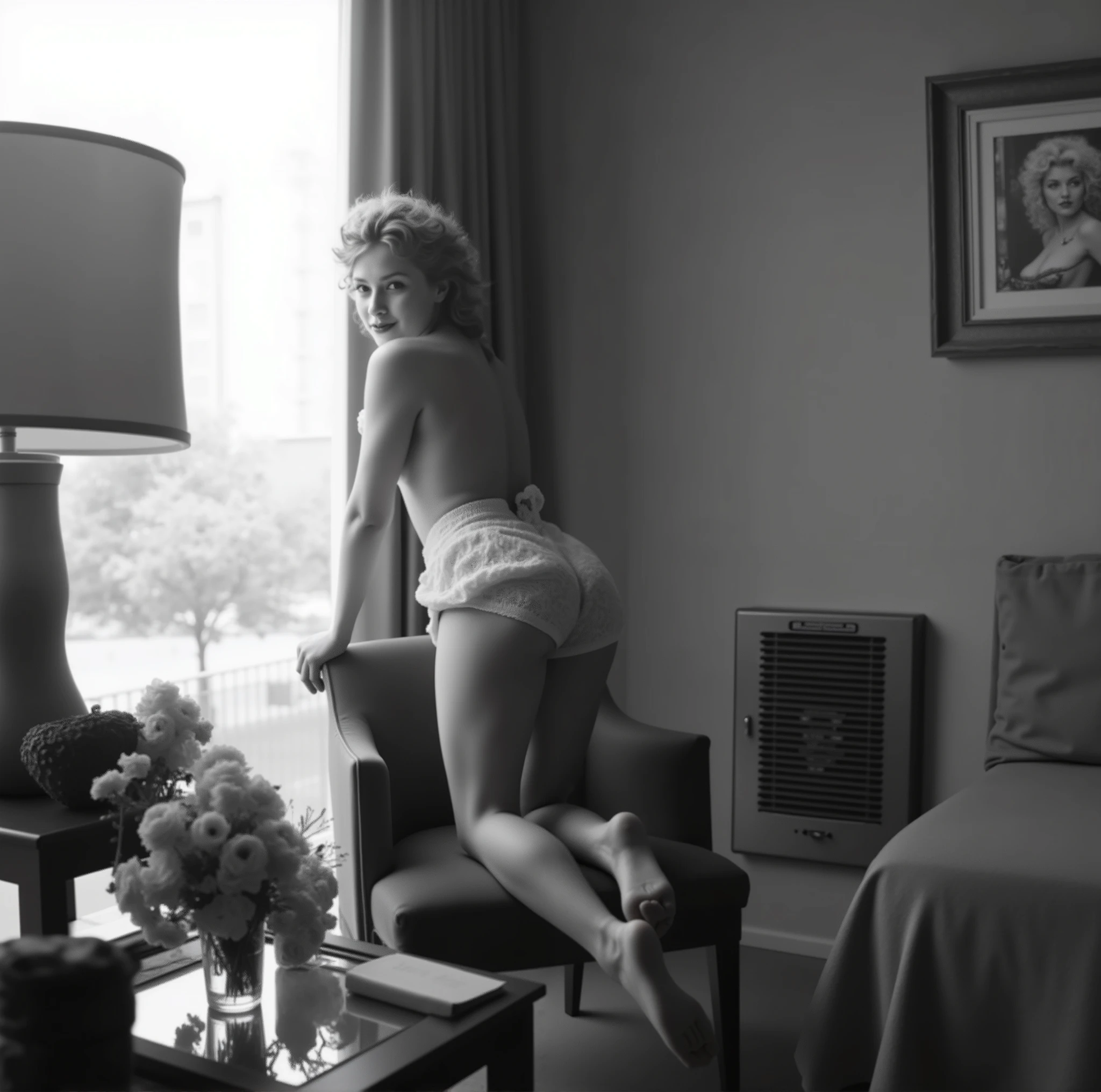 (masterpiece, High quality, high resolution, realistic photo, photography), beautiful girl, Age of 23, Full face photo ,  with light eyes  , with short wavy hair , beautiful , beautiful and detailed face , charming smile , beautiful  , Miranda Angelical  , beautiful legs , gran detalle del cuerpo y la cara en una pose babies y erótica. Great detail of the background and environment. red lips, loose y hair, babies.  astronaut