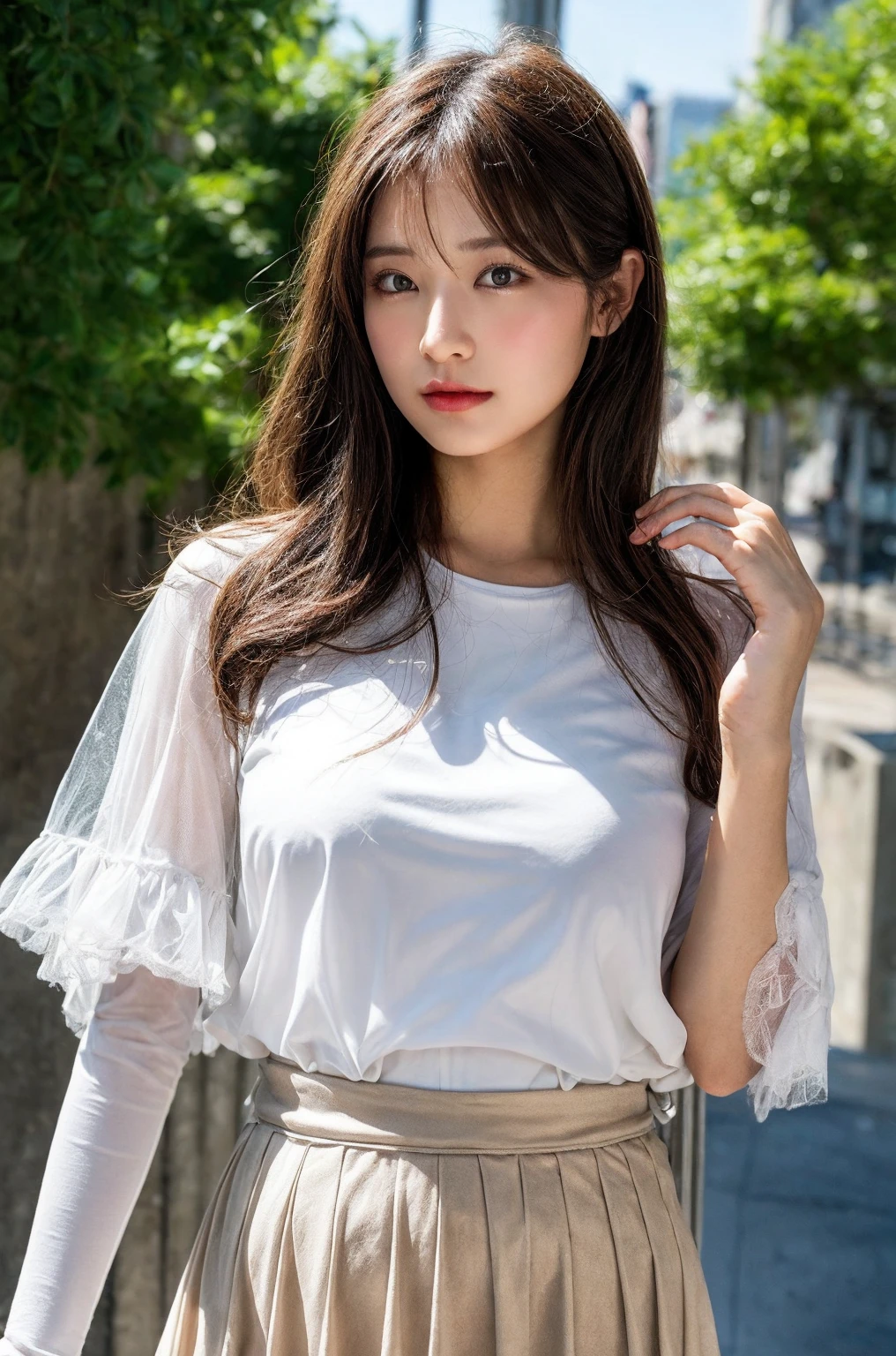 seed;88117315,((Full Body Angle))、((Front hair:1.3))、((Highest quality, 8K, masterpiece: 1.3)), concentrated: 1.2, Cute girl 1, 、 Perfect beauty: 1.4,Cut and sewn T-shirt Raglan sleeve summer short sleeve T-shirt.Shorts: 1.2,Long sleeve、Randall Color、comics&Text Graphics、Black ruffle-trimmed drawstring zip blouse,1.1, Highly detailed face and skin textures, Fine grain, double eyelid, whitening skin, ,Highest quality,Ultra-high resolution,you,1 girl,alone,_Shiny_skin,Iris,necklace,((brown_length_Wavy_hair)),(lips)),eyelash,Front hair,deal with,compensate,Shiny,pore,skin,Large 、((smiling face))、Walking in the park、walk、