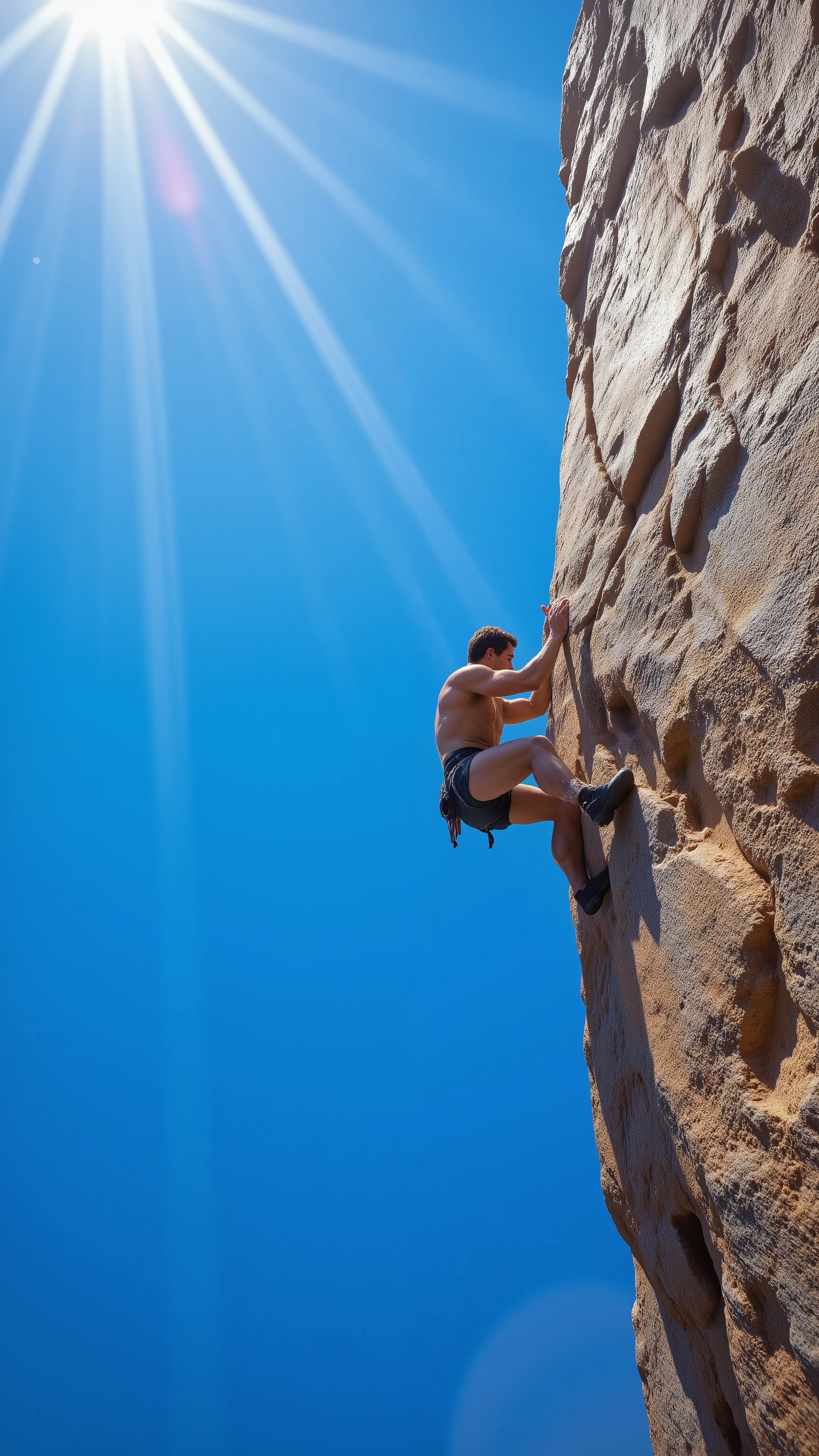 With high definition images, capture the thrilling moment of Sylvester Stallone, wearing light clothing, free climbing a towering cliff in the expansive blue sky. The scene boasts an intricate texture, showcasing every crevice and crack on the rocky surface, reflecting the rays of sunlight that filter through the clear, cloudless sky. The vivid colors pop against the stark nature of the cliff, making for a breathtaking and dramatic cinematic masterpiece reminiscent of a Movie Cliffhanger. (High-resolution CG unity 8k wallpaper, masterpiece, extremely detailed, best shadows, dynamic angles, beautiful detail glow)
