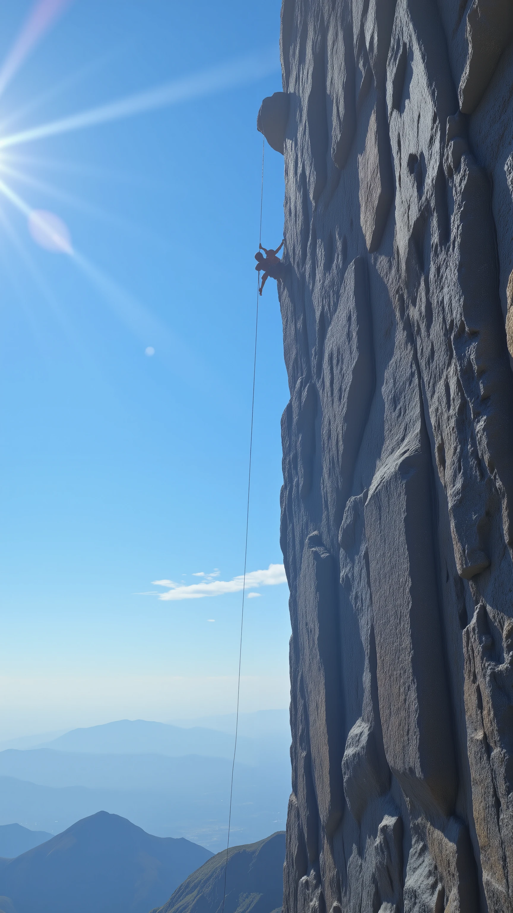 With high definition images, capture the thrilling moment of Sylvester Stallone, wearing light clothing, free climbing a towering cliff in the expansive blue sky. The scene boasts an intricate texture, showcasing every crevice and crack on the rocky surface, reflecting the rays of sunlight that filter through the clear, cloudless sky. The vivid colors pop against the stark nature of the cliff, making for a breathtaking and dramatic cinematic masterpiece reminiscent of a Movie Cliffhanger. (High-resolution CG unity 8k wallpaper, masterpiece, extremely detailed, best shadows, dynamic angles, beautiful detail glow)