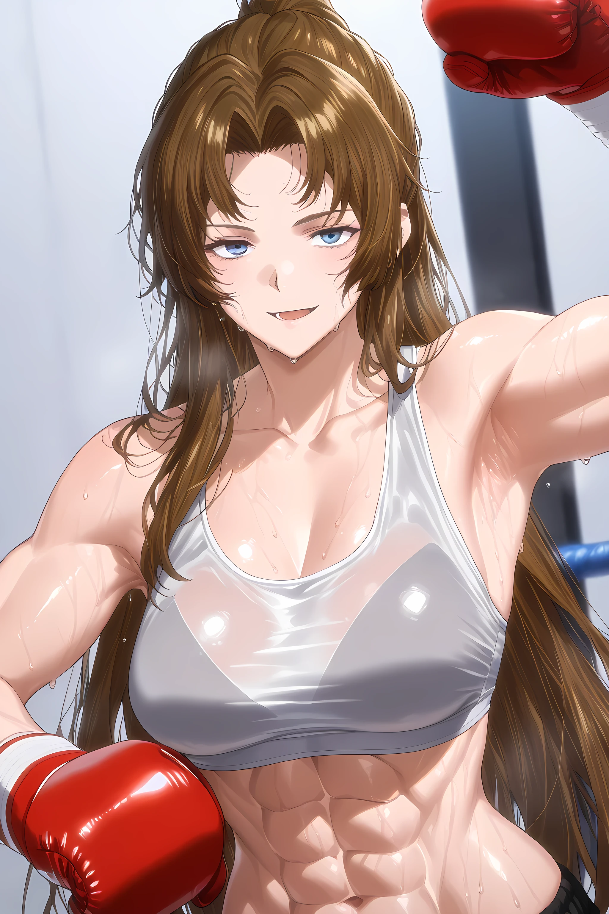 1girl, solo, young mature, RodionLimbus
long hair, brown hair, blue eyes, light smirk, medium breast, toned female, abs, shiny body, sports bra, boxing gloves, sweating, showing armpits,sexy pose, looking at viewer, open mouth