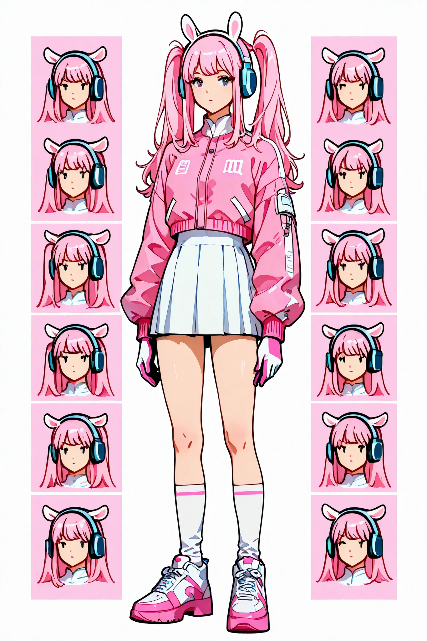 ((centered image, a general plan, Whole body:1.5, of a beautiful woman with exaggerated features caricaturized in the kawaii style :1.52, A woman wearing an Alicia , wear a tight pink body and a short pink jacket with long sleeves and two-tone gloves., cosplay costume and white socks and white cosplay shoes , She has long hair with two pink pigtails with headphones shaped like animal ears