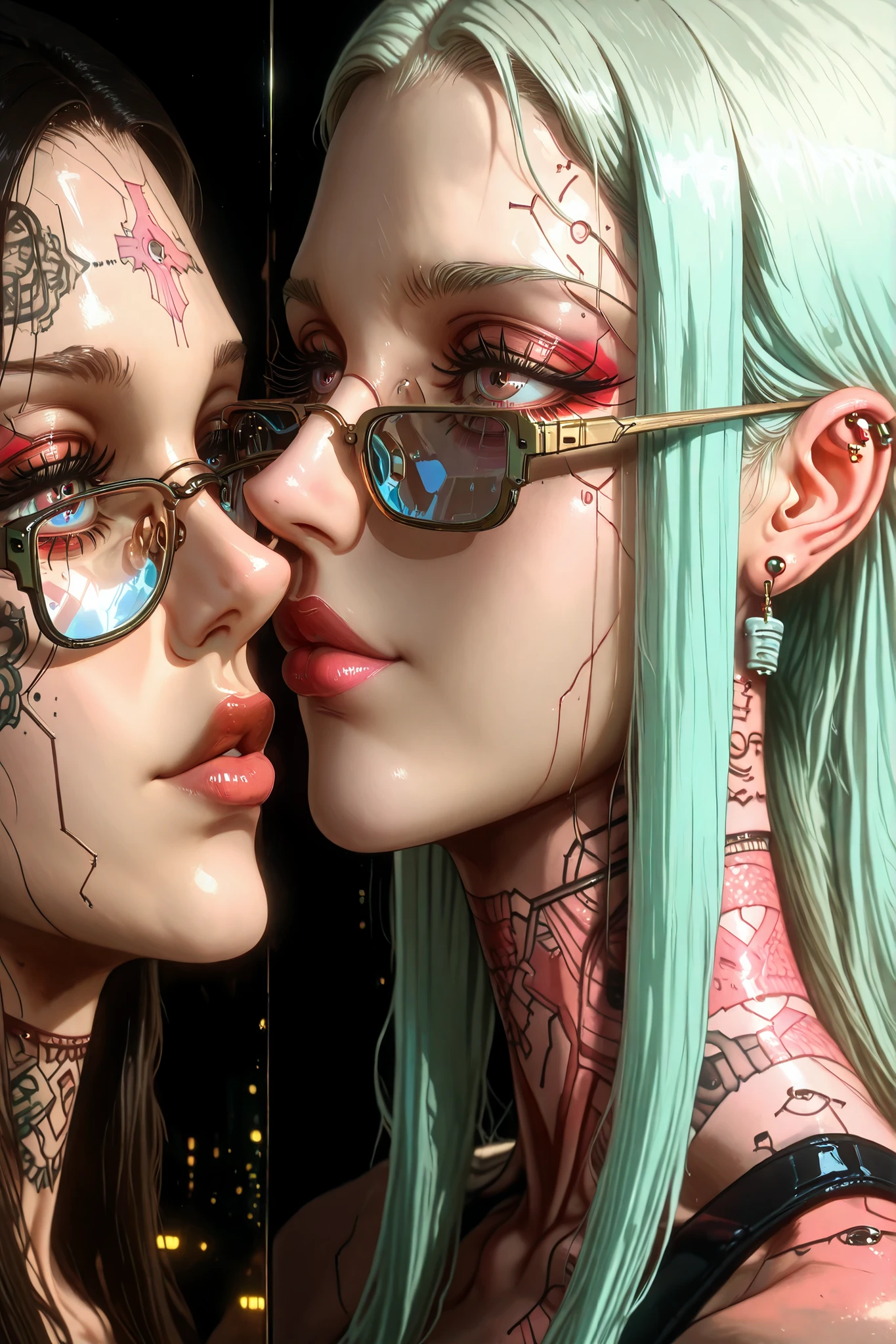 ((centered image, a close up of a woman with tattoos on her neck and face , Beautiful face of a cyberpunk girl , great arte digital with details, She wears glasses you can see the reflection in the glasses of the glasses :1.5)), arte digital. very detailed , Detailed woman, full lips in the style of Angelina Jolie , Long false eyelashes , eye makeup blushed lips and cheeks , wears earrings all over the ear like piercings and has a ring embedded in the ovum of the ear, a piercing on the lips and nose , , Brandon Woelfel, tattooed face, tattoos and piercings, realistic arte digital 4k, realistic arte digital 4 k, tattoo style, cyberpunk art style, Girl with glasses , claroscuro, cinematic lighting, Optical illusion, HD, UHD, retina, masterpiece, Precise, Anatomically correct, Textured skin, super detail, Tall details, High quality, awarded , mejor calidad, Highres, 1080P, HD, 16K