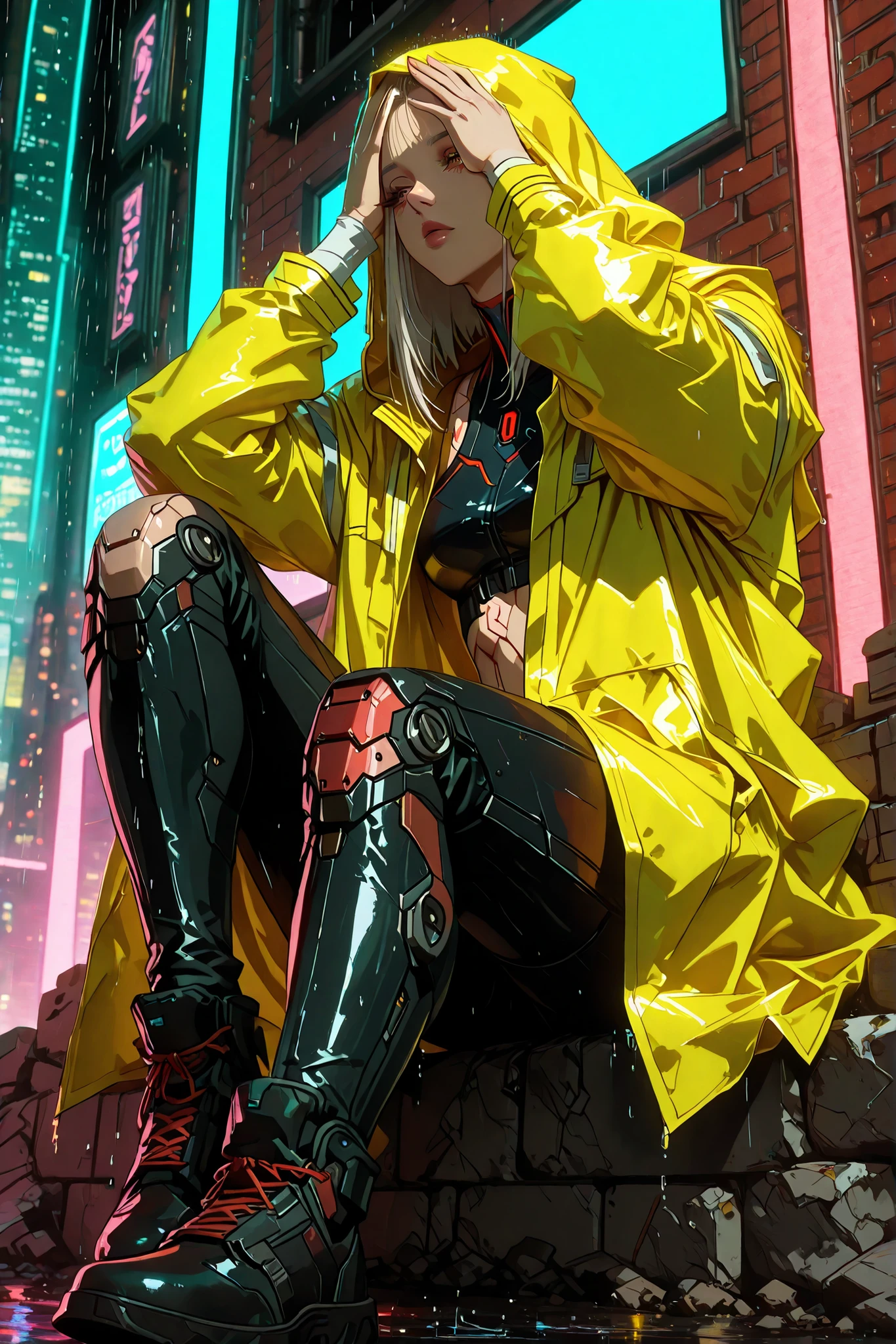 walking to the camera, with hands over her head, Sitting on a sloppy wall with fallen plaster and you can see the brick exposed flat large general full body :1.5, a woman wearing a yellow hooded raincoat walking in the rain, Cyberpunk streetwear, wearing Cyberpunk streetwear, photograph of a woman wearing technological clothing, The cyberpunk style outfit  , estilo cyberpunk, cyberpunk costume, Cyberpunk fashion, wearing a Cyberpunk 2 0 7 7  , Wojtek FUS, cyberpunk style 2 0 7 7, Cyberpunk fashion clothing, chica anime cyberpunk with hood, yellow clothing, (HD, masterpiece, Precise, High quality, HD model, high detail, ((( The textures are soft ))), ((mate y con aspecto artesanal High quality)), ((( Tim Burton style))),
