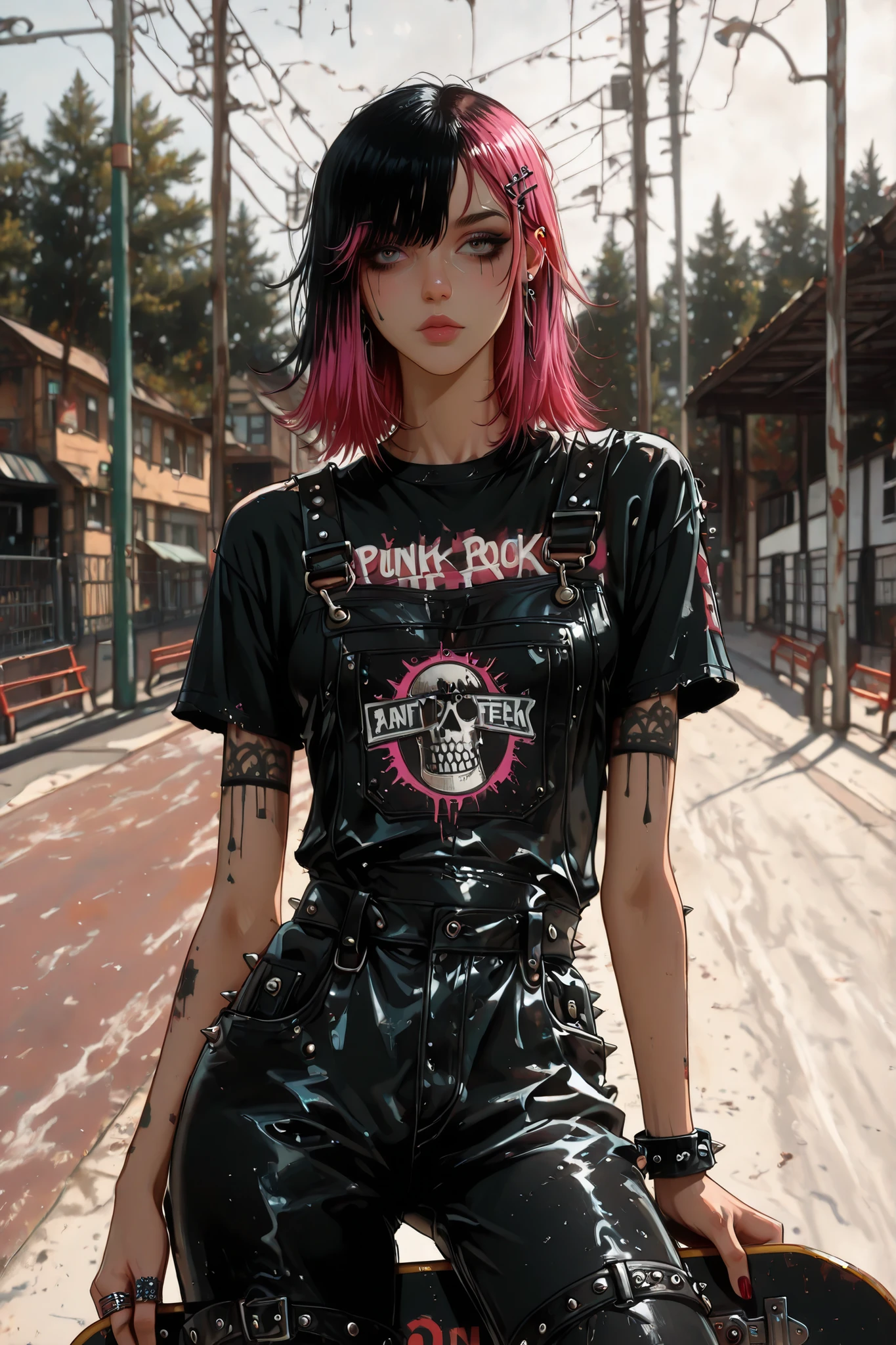 Full leather overall, ring:1.3, young girl with a skateboard on a skate ramp in a park, a photo of Lucia Peka , tumblr, painted, hip emo fashion , grunge style, cool style , young grunge punk rock teen girl , grunge fashion , emo style, An emo girl, skater style , Casual clothing style, street fashion outfit , Attractive Tomboy Girl , wearing a punk outfit, punk outfit