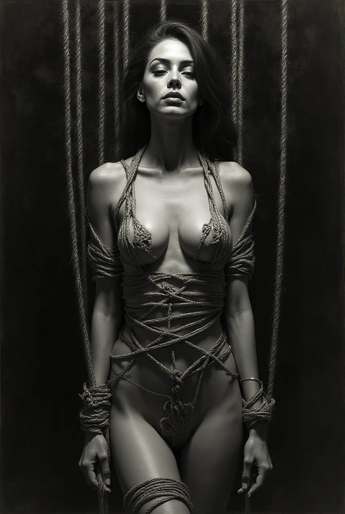 a gagged and bound woman, professional photo shoot, dramatic lighting, dramatic pose, high-contrast, cinematic, moody, chiaroscuro, dramatic shadows, dramatic highlights, high-quality, 8k, ultra-detailed, photorealistic, photo-realistic, masterpiece, sophisticated, sensual, alluring, captivating, 
