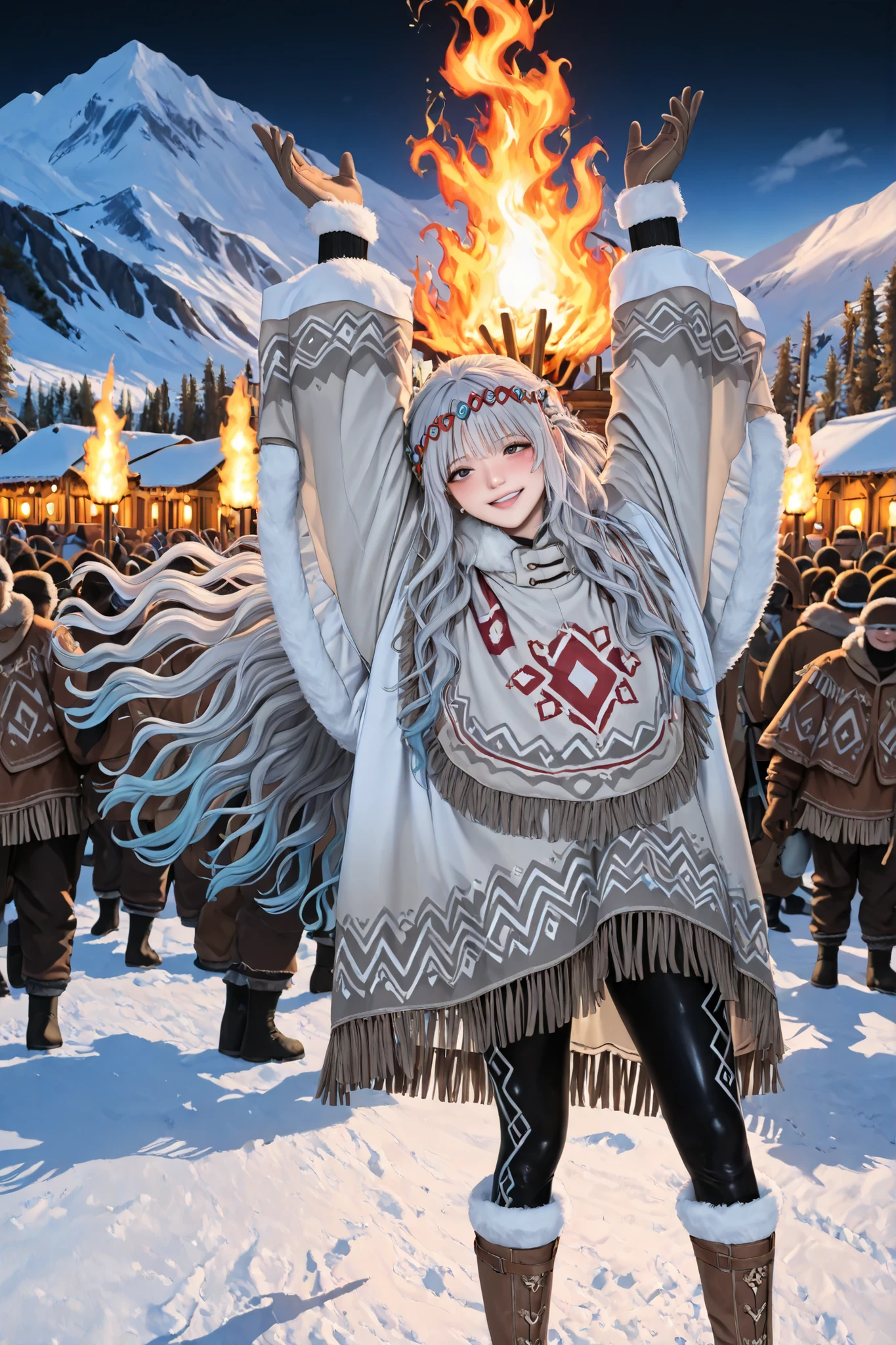 girl,
(Background: Snowy Mountain Tribal Village, Square, mountains, Tribal festivals, crowd, A big flame burning in the back, night),
(dancing, Stretched out arms up and raised high, Wiggling hips),
((Long Voluminous Wavy Hair:1.3), (half up braided), Silver Hair with Light Blue Tips, Pearl Hairpins with Braids, curl hair, Inner Roll, Extra glossy, Headband Decorated with Rhinestones),
((dark eyes), (Eye highlights), (shining eyes), (detailed eyes)),
((false eyelashes)),
(blush, (breathe:1.1), Mocking smile, Derogatory, tilt your neck),
(Thick Wool Poncho, Geometric Embroidery, Thick Fur Winter Gloves, Thick Fur Winter Long Leggings, Alpine Winter Wear, Boots),
(Freeze Frame Action, Vivid Colors),
reizei,
(High Contrast, Deep Shadow, Rich Colors, muted color),
(top quality), (masterpiece), (Semi-Realistic), super detailed, high resolution, (anatomically correct), (real shadows), 8k resolution, score_9, score_8_up, score_7_up,
(Highly Rendered Anime Style with Detailed Shading, Smooth Gradient, Polish lighting effect, combining vibrant colors and expressive features with a Semi-Realistic finish),