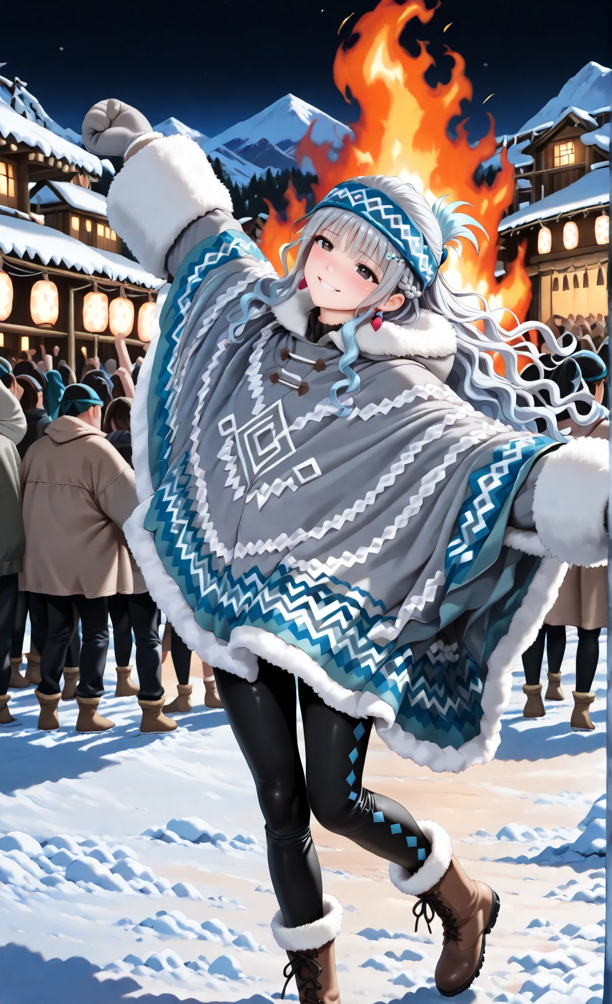 girl,
(Background: Snowy Mountain Tribal Village, Square, mountains, Tribal festivals, crowd, A big flame burning in the back, night),
(dancing, Stretched out arms up and raised high, Wiggling hips),
((Long Voluminous Wavy Hair:1.3), (half up braided), Silver Hair with Light Blue Tips, Pearl Hairpins with Braids, curl hair, Inner Roll, Extra glossy, Headband Decorated with Rhinestones),
((dark eyes), (Eye highlights), (shining eyes), (detailed eyes)),
((false eyelashes)),
(blush, (breathe:1.1), Mocking smile, Derogatory, tilt your neck),
(Thick Wool Poncho, Geometric Embroidery, Thick Fur Winter Gloves, Thick Fur Winter Long Leggings, Alpine Winter Wear, Boots),
(Freeze Frame Action, Vivid Colors),
reizei,
(High Contrast, Deep Shadow, Rich Colors, muted color),
(top quality), (masterpiece), (Semi-Realistic), super detailed, high resolution, (anatomically correct), (real shadows), 8k resolution, score_9, score_8_up, score_7_up,
(Highly Rendered Anime Style with Detailed Shading, Smooth Gradient, Polish lighting effect, combining vibrant colors and expressive features with a Semi-Realistic finish),