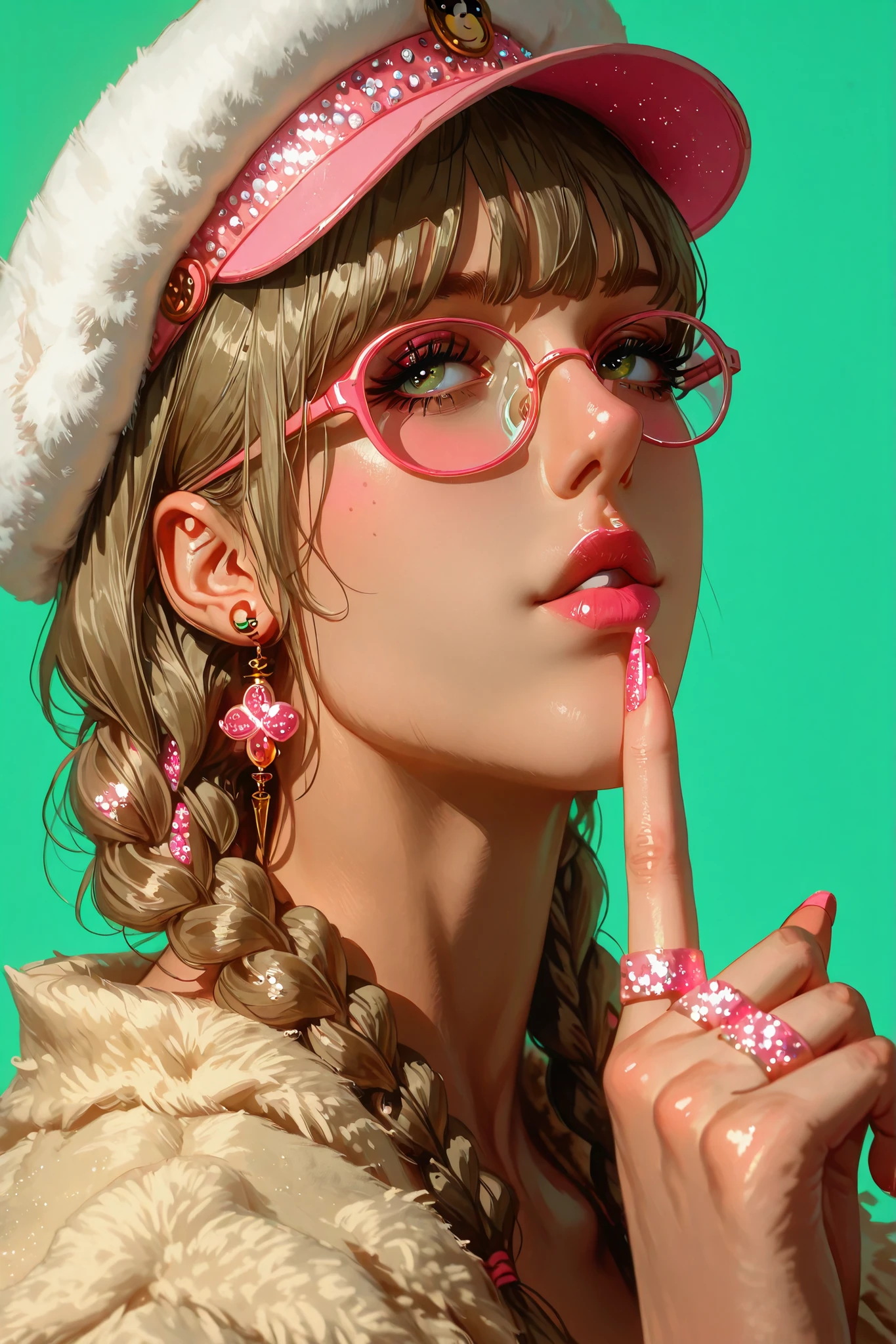 Close-up of a person wearing a hat with pink sequins and bright glasses and round colored glasses She wears her index fingers close to her mouth, Put your lips as if you were going to kiss painted with pink glitter , on her fingers she wears rings she wears a yellow fur coat , earrings with panda bears , She wears disheveled bangs and two twin braids on the sides of her shoulders , her eyes wide open, beautiful and tender cyan, she is European , olive green background ., digital art inspired by Yanjun Cheng , tumblr, arte digital, Beautiful art style , Realistic kawaii portrait , beautiful digital art , lindo colorido adorable, artwork in the style of Guweiz , cute cartoon style, Detailed and cute digital art , guweiz, realistic painting of a pretty girl , linda girl cute , beautiful cartoon , Beautiful art style . Fantastic art, watercolor painting :1.5