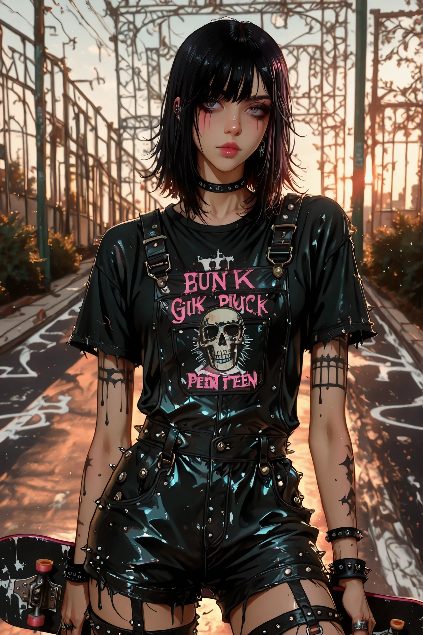 Full leather overall, ring:1.3, young girl with a skateboard on a skate ramp in a park, a photo of Lucia Peka , tumblr, painted, hip emo fashion , grunge style, cool style , young grunge punk rock teen girl , grunge fashion , emo style, An emo girl, skater style , Casual clothing style, street fashion outfit , Attractive Tomboy Girl , wearing a punk outfit, punk outfit