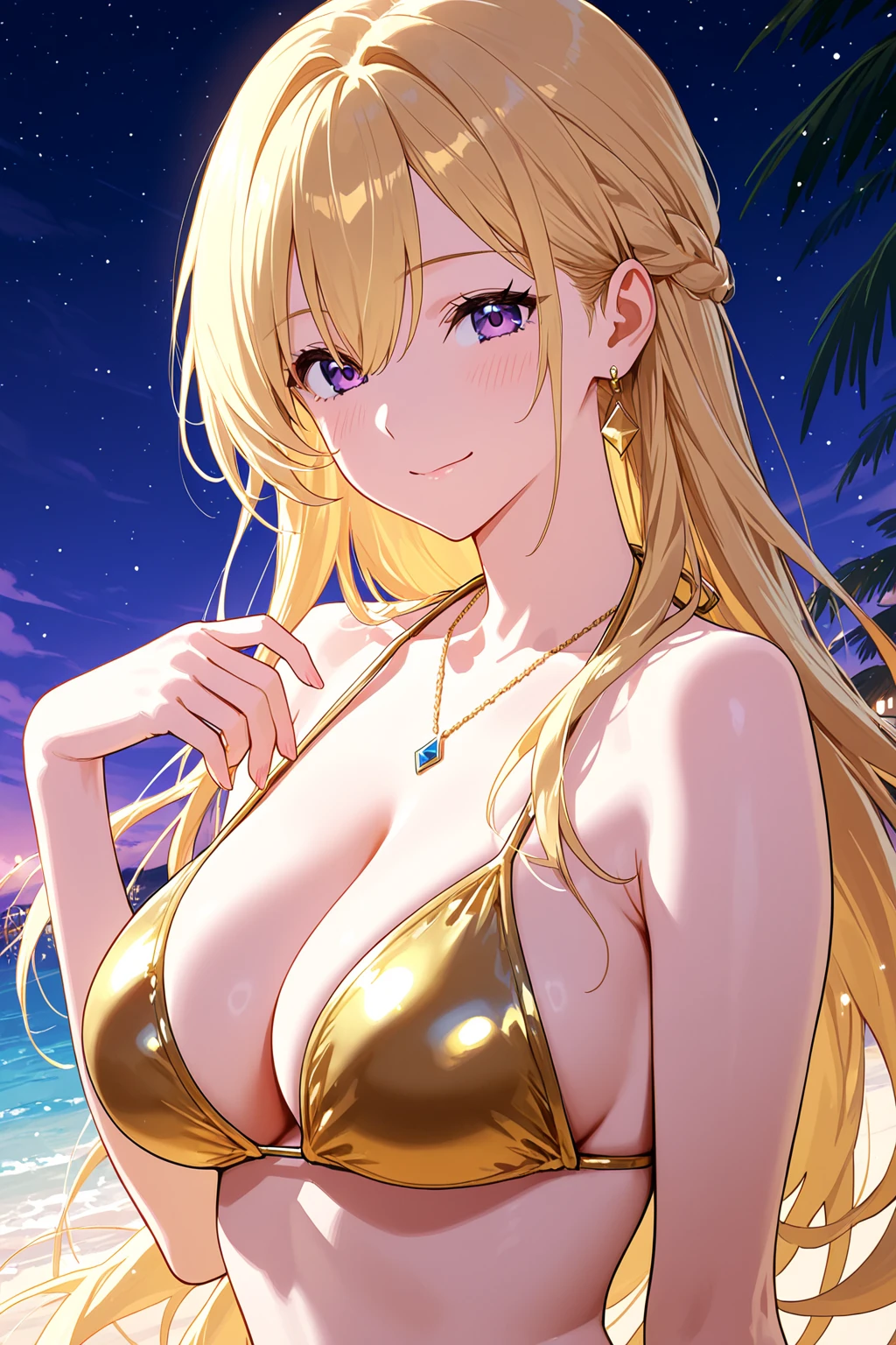 masterpiece,Highest quality, Unreal Engine, Ultra-high resolution, Highly detailed round ???????, ??????????? 1 girl, Waist, thin,(Muscular:0.7) B. Jenny, Golden Hair, blue eyes, jewelry, Earrings, triangle Earrings, Cleavage, (???? look:1), (Troubled face:0.6), (Sad face:0.5), (Big ample ???????:1.2) , (Place your arms behind your head:1) , Seductive pose, night, (nightのホテルで:1.5), (The background is a hotel room:1.5), bed, (真night中:1.2), perspective、View here, Both hands are tied, ????, Sweating, Wet body.