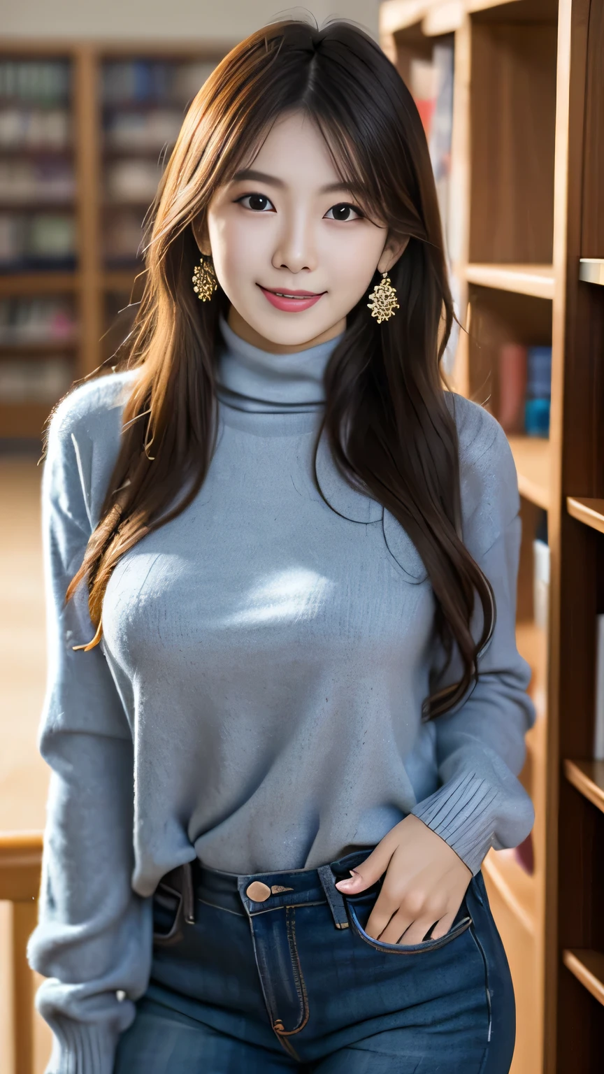 (8K、 highest quality、 masterpiece、 realistic、 Super detailed:1.3)、(Photoreal:1.2)、((long knit sweater))、((beautiful japanese woman))、one woman、light brown hair、、smart body、laughter、highly detailed face、detailed eye、(sitting in a chair)