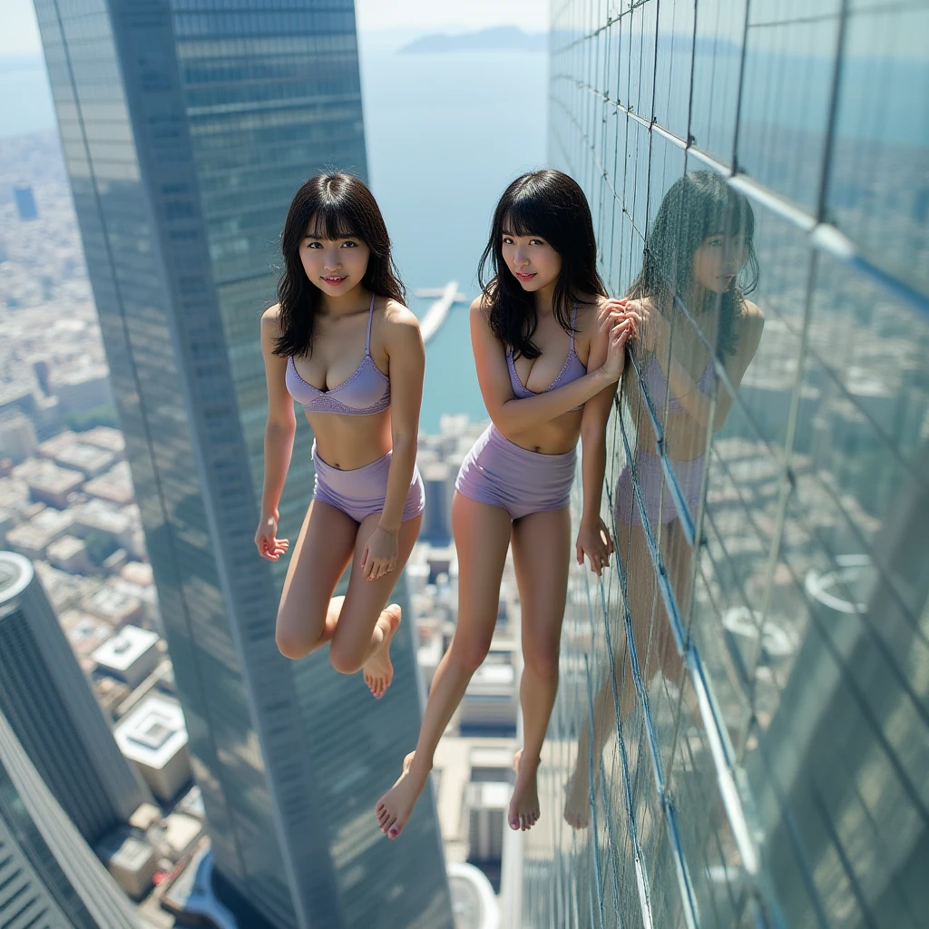 Eine nackte chinesische  Frau mit rotem  , stands with big  in destroyed city.