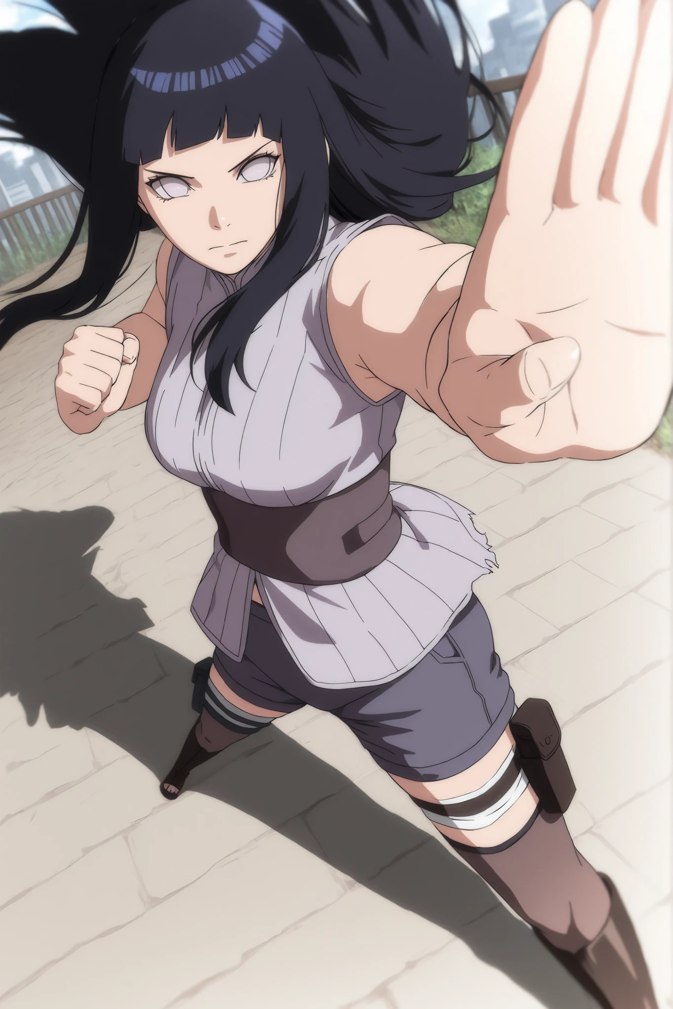 hyuuga hinata, long hair, black hair, white eyes, thighhighs, torn obi, shorts, sleeveless, black hair, white eyes, no pupils, thigh holster, Shins lenght boots, perspective, martial art stance, good perspective, Dutch angle, , upperbody