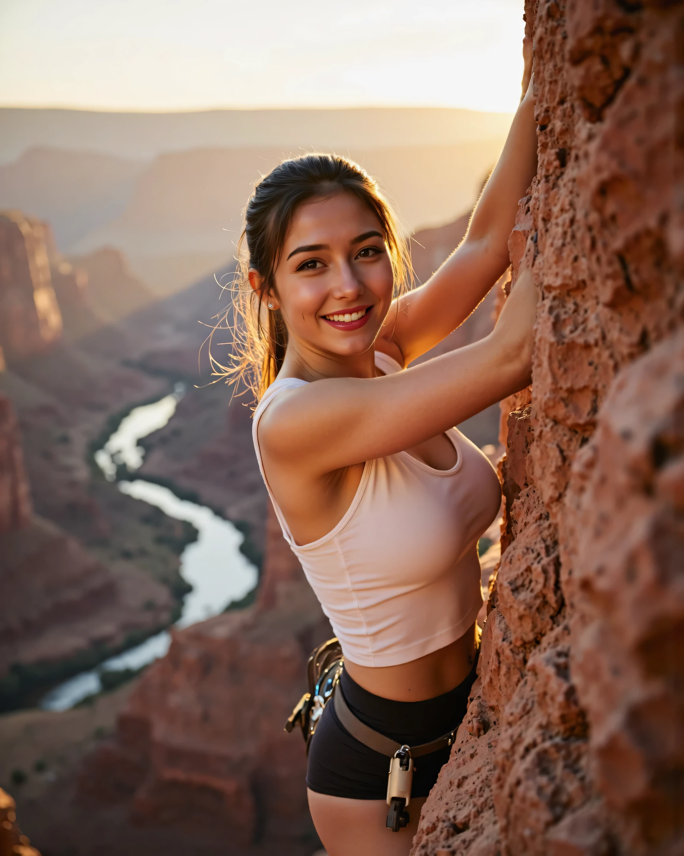 A breathtaking scene of a woman rock climbing a sheer cliff in the Grand Canyon at golden hour, harmonized with the vast landscape. She has an ultra-beautiful face, luminous healthy skin, and an elegant, sculpted physique—portrayed tastefully and artfully. Her expression mixes happiness with gentle shyness: bright eyes, soft blush, half-smile. Sunlit sandstone walls, layered mesas, river far below, immense scale and depth. Warm rim lighting and soft bounce light reveal subtle skin texture, smooth highlights, natural tones. Dynamic yet graceful pose on small crimps, chalk dust drifting, hair pinned, minimal technical gear. Cinematic composition: subject on a golden-ratio focal point, shallow depth of field, background softly grand. High-resolution, photorealistic detail; fine pores, delicate peach-fuzz, refined color grading. Wind-carved formations, sky gradient from amber to blue, micro-shadows on stone. Emphasis on ultimate feminine beauty as strength and serenity in harmony with nature—sensual through light, texture, and poise, never explicit. Ultra clean, crisp, award-winning outdoor portrait style.