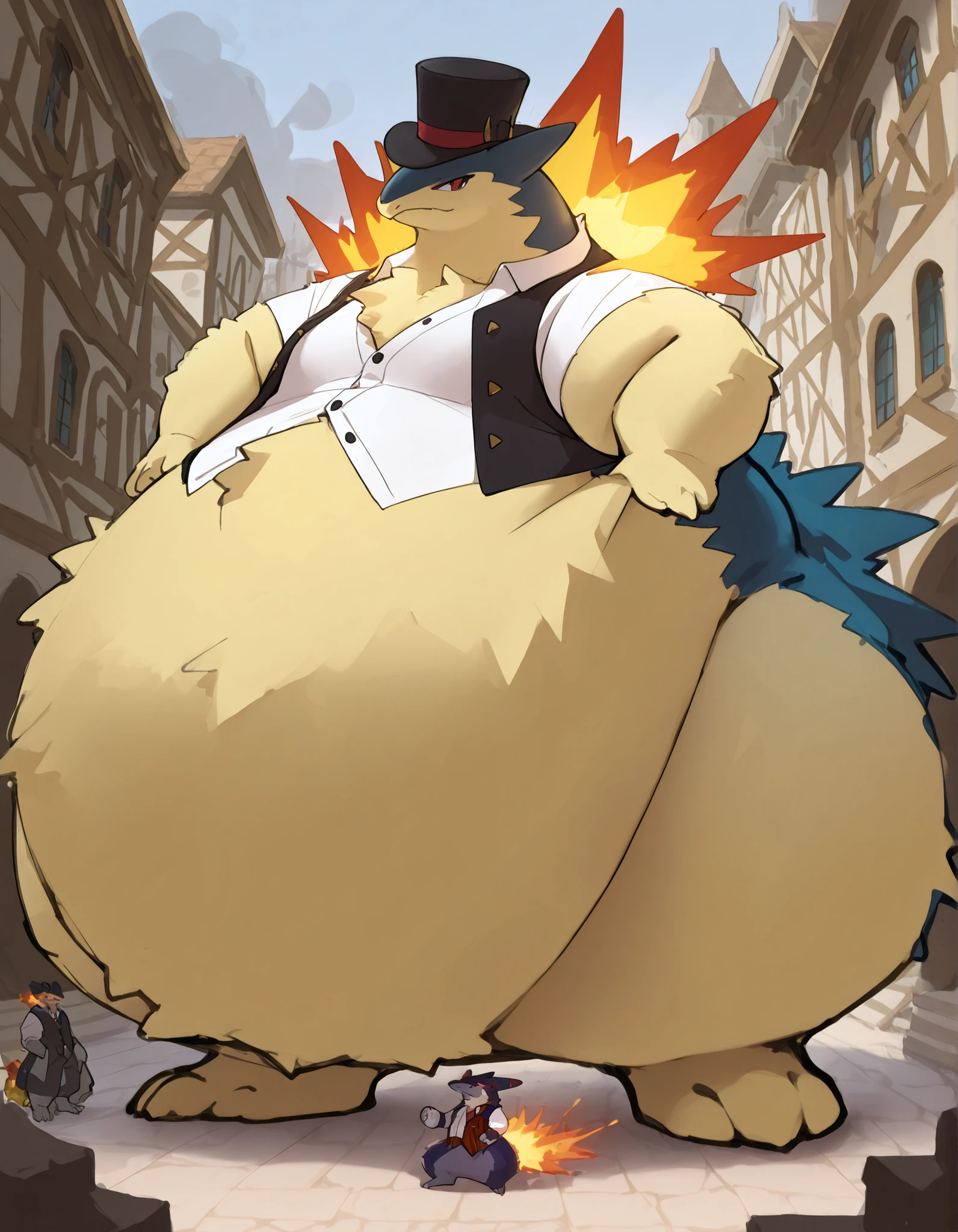 full body, furry typhlosion, wide bottom, heavy bottom, wided legs, long digitigrade leg, giant pearshape body, no nipple,detailed face,4k ultfigurelity, (4k half body view:1.0),(detailed face),ultra high detailed body,feral typhlosion,enormous body,long tail,(smaller head),(enomorous body),(gigantic body),white shirt,tight shirt,(unbuttoned formal vest),top hat,belly overhang,cartoon style,(sketch style),side view,light color,macro,giga,in a medieval city,obese,gigantic belly