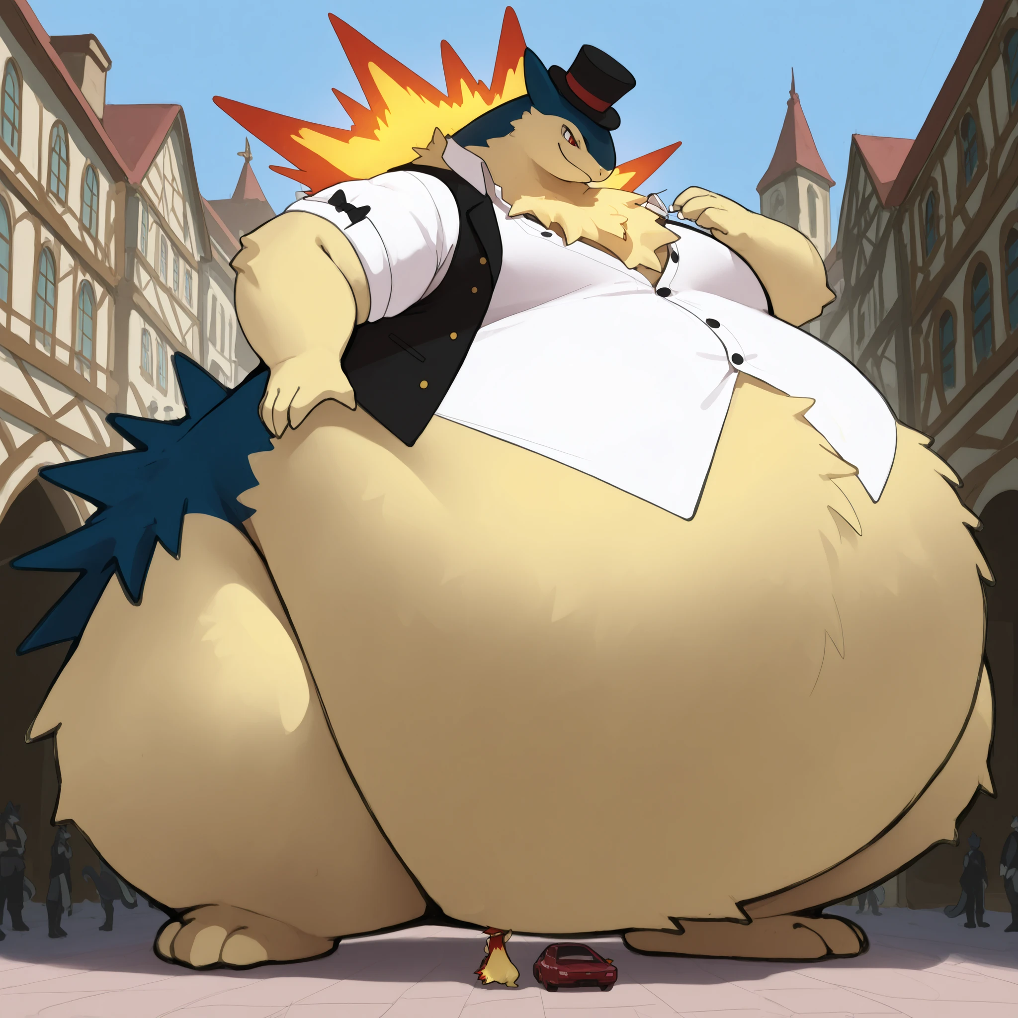 full body, furry typhlosion, wide bottom, heavy bottom, wided legs, long digitigrade leg, giant pearshape body, no nipple,detailed face,4k ultfigurelity, (4k half body view:1.0),(detailed face),ultra high detailed body,feral typhlosion,enormous body,long tail,(smaller head),(enomorous body),(gigantic body),white shirt,tight shirt,(unbuttoned formal vest),top hat,belly overhang,cartoon style,(sketch style),side view,light color,macro,giga,in a medieval city,obese,gigantic belly,belly overhang
