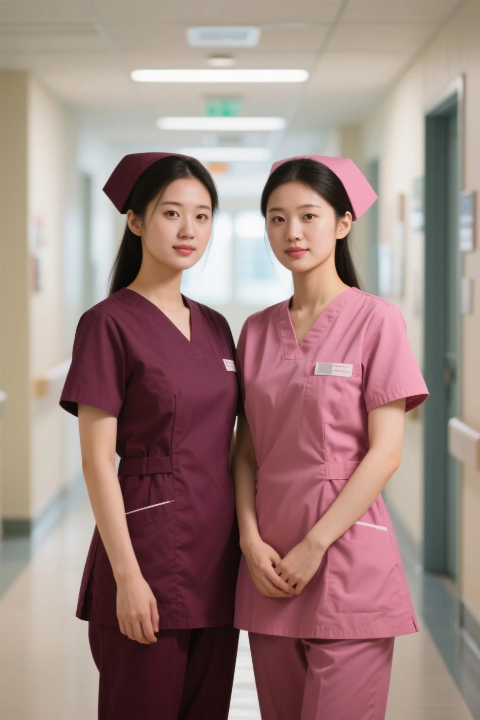 (RAW Photo, Best Quality), (Realistic, Photo Realistic: 1.3), Wide Angle Photo, Masterpiece, 2 Girls, Cute, Young, Perfect Body, Korean Top Beauty, (Full Body: 1.3), Realistic Face, Standing, Diffuse Light, Create Soft, Uniform Glow
In hospitals ((operating rooms)), surgical gloves, medical equipment, anesthesia machines
((((white and pink)))) Nurse uniform smooth, slim, open,  , perfect  and , slim legs, nurse, nurse cap, stethoscope, sitting side by side
